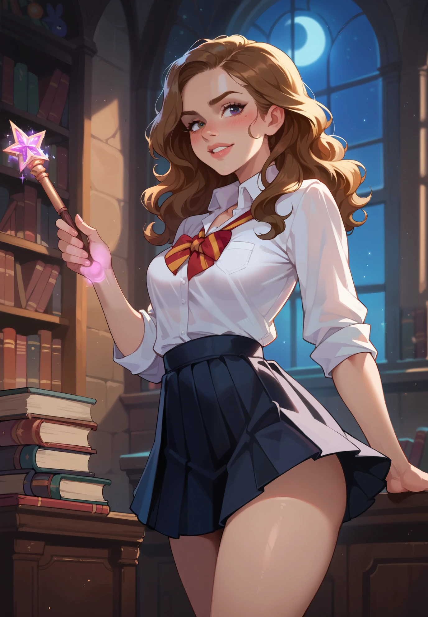 1girl, solo, Hermione Granger, Harry Potter, hogwarts school uniform, naturally sagging small breasts, blush, holding a magic wand, standing by the window, sexy pose, lustful, BREAK, magical study filled with bookshelves, (night time:1.2), cinematic lighting, nsfw,