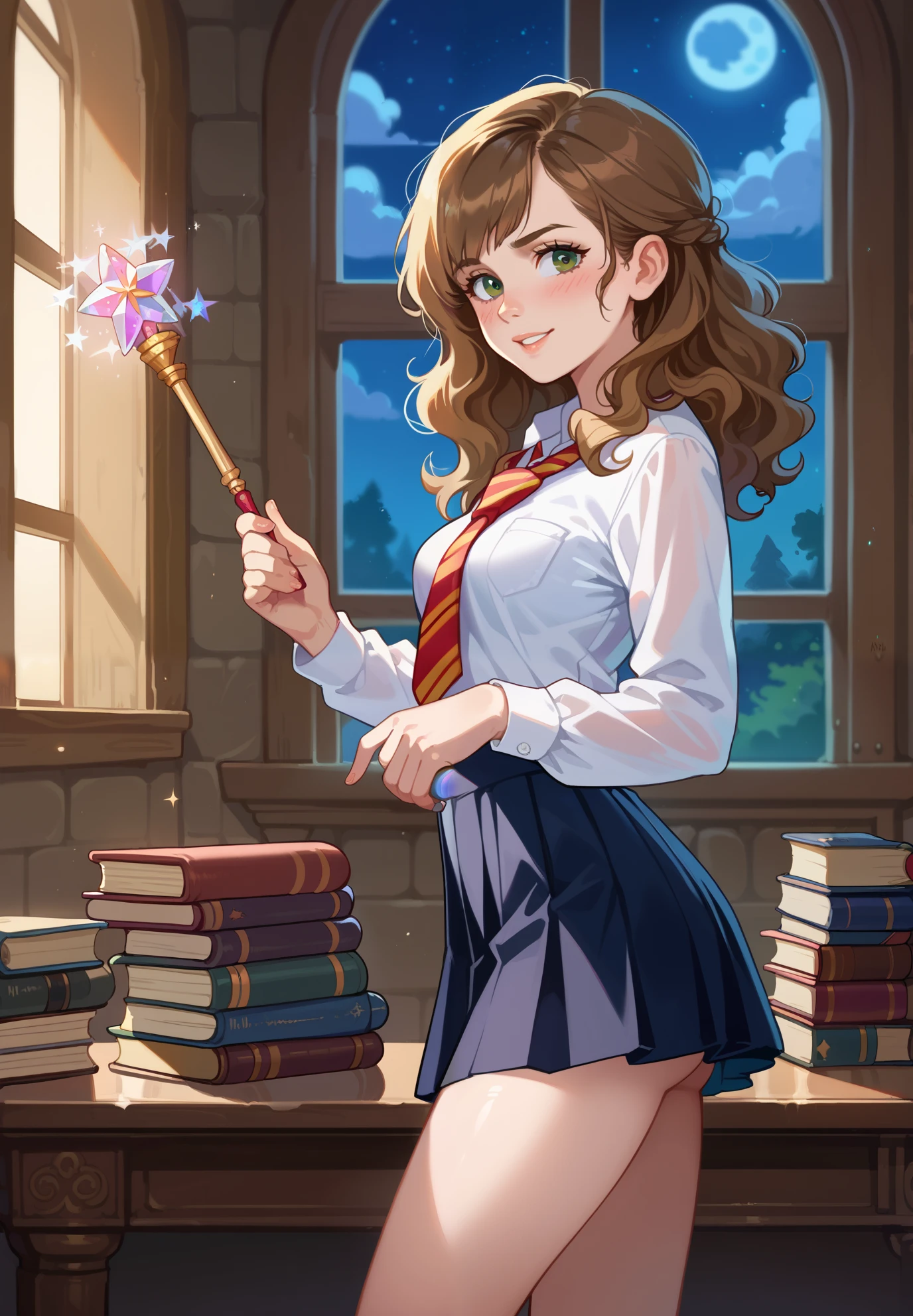 1girl, solo, Hermione Granger, Harry Potter, hogwarts school uniform, naturally sagging small breasts, blush, holding a magic wand, standing by the window, sexy pose, lustful, BREAK, magical study filled with bookshelves, (night time:1.2), cinematic lighting, nsfw,
