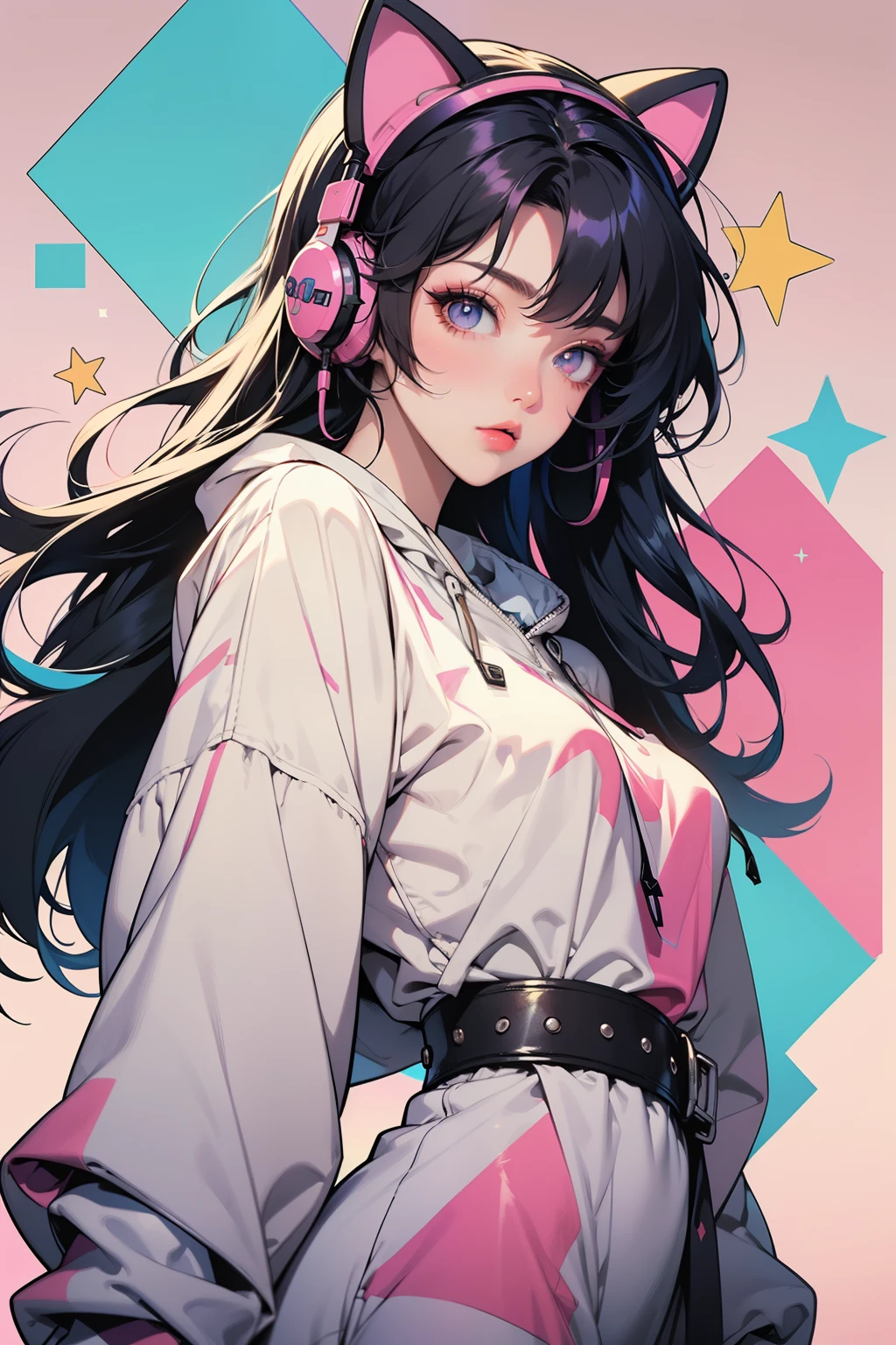 Miss, the 90s, retro, Crop Top, (Flat color, Flat Texture, Line art:1.2), Huge breasts, Graphic Design, Headphones、near