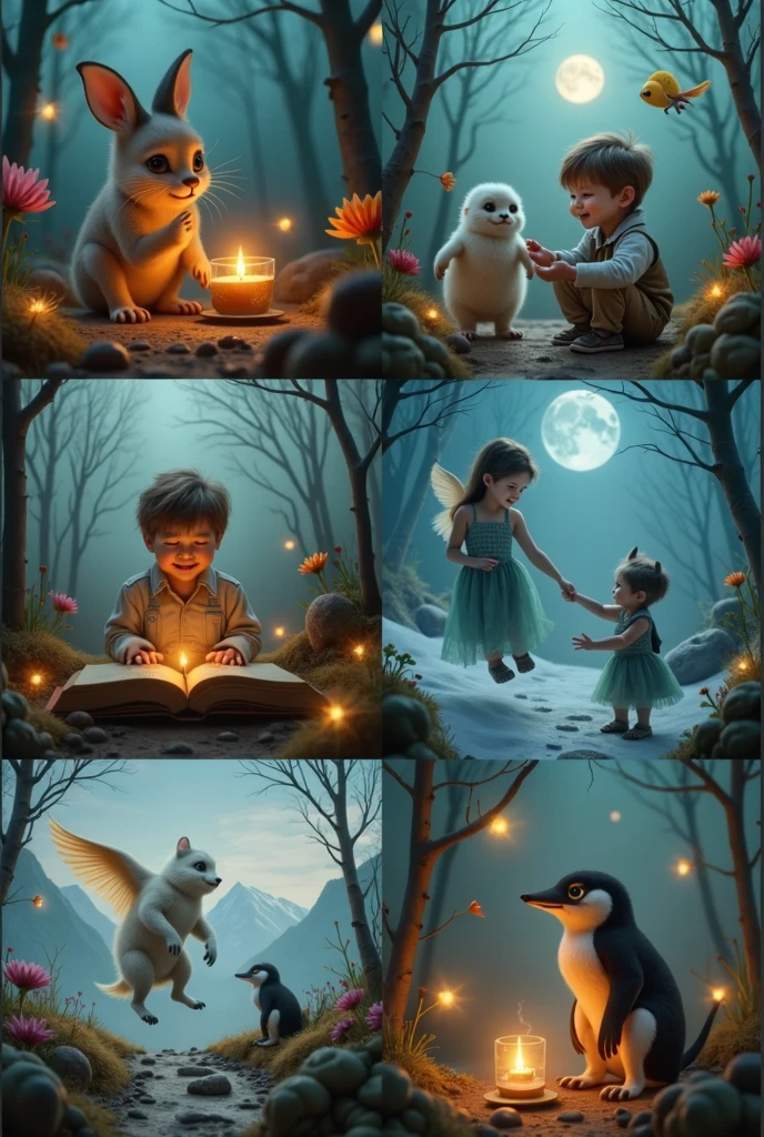 "A wise old owl, glowing softly with a warm light, perched on a branch with children around, each holding a small glowing orb in their hands, symbolizing their hearts."