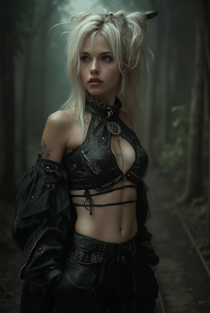 ((perfect anatomy:1.2,realistic:1.3,RAW Photography:1.3,masterpiece、highest quality、Ultra - High resolution、High resolution、Highly detailed CG、8K)), This artwork should be hyper-realistic, capturing every detail with stunning clarity, image of a Middle age white hair female plague doctor, Full body, very detailed armor, Medico Della Peste mask,The outfit should be alluring ,overly revealing, unzipped:1.2, ((costume is unzipped )), narrow waist, wide hips ((bare chest)), slender body, thigh gap, skinny, (oily skin,gleaming skin,pale skin,sweat:1.2),
