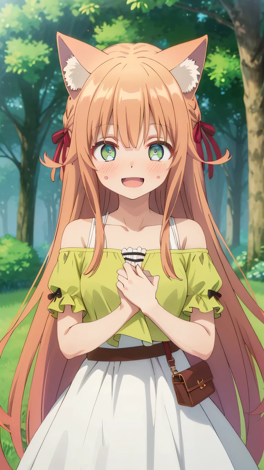 {{{masterpiece}}}, (best quality:1.5), (ultra-detailed:1.5), {illustration}, {{an extremely delicate and beautiful}}, (beautiful detailed eyes:1.6), absurdres, highres, extremely detailed face, 16k, hd, visual anime de uma jovem mulher, extremamente bonito rosto de anime, anime melhor garota, (perfect hands, perfect anatomy), anime face, Kanade(Beast Tamer), kanade, cute face, cat girl, cat ears, light brown hair, very long hair, bangs, sidelocks, red hair ribbon, Big eyes, green eyes,(High resolution eyes, Beautiful eyes, Light in the eyes), medium breasts, big hips, curvaceous, cat tail, BREAK, shoulderless shirt, off-shoulder shirt, clavicle, short sleeves, puffy sleeves, white dress, green shirt, brown belt, one pouch, white skirt, medium skirt, BREAK, incoming hug, blush, sorriso alegre, open mouth, visual anime de uma jovem mulher, extremamente bonito rosto de anime, anime melhor garota, sorriso astuto, outdoor, sky, daytime, forest, field