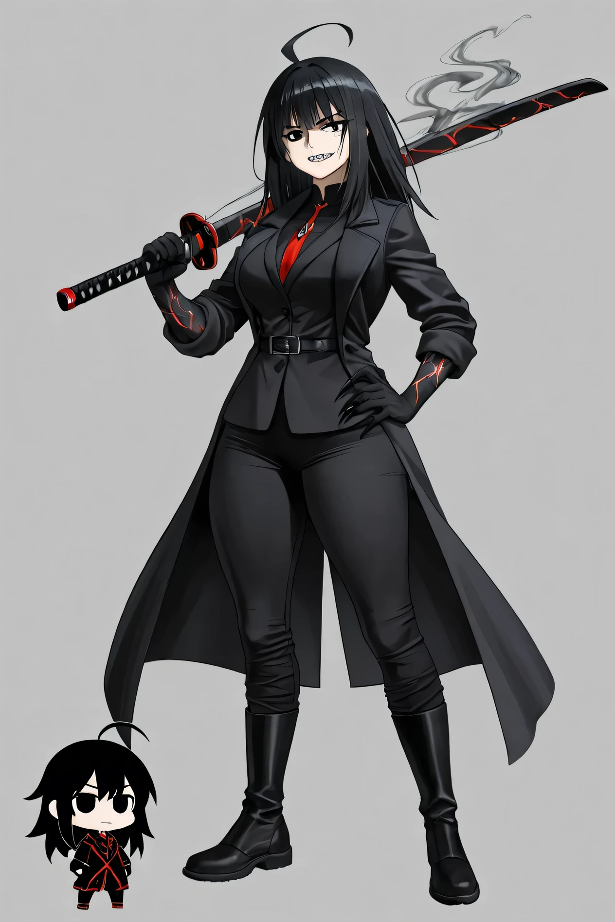 girl height 290 cm, long black hair to the hips, black eyes, black arms to the elbows with long sharp claws and scarlet veins, sharp teeth, in the chest there is a scarlet crystal, slender figure, large and elastic breasts of size 7 and large hips, dressed in a long black coat to the knees, black golf, black tight pants, high black boots, light press, a scar across the right eye and a long katana that hangs on the belt, black smoke comes from the hands. in anime style, on the head of Ahoge, does not smile, a frowning and serious look,chibi