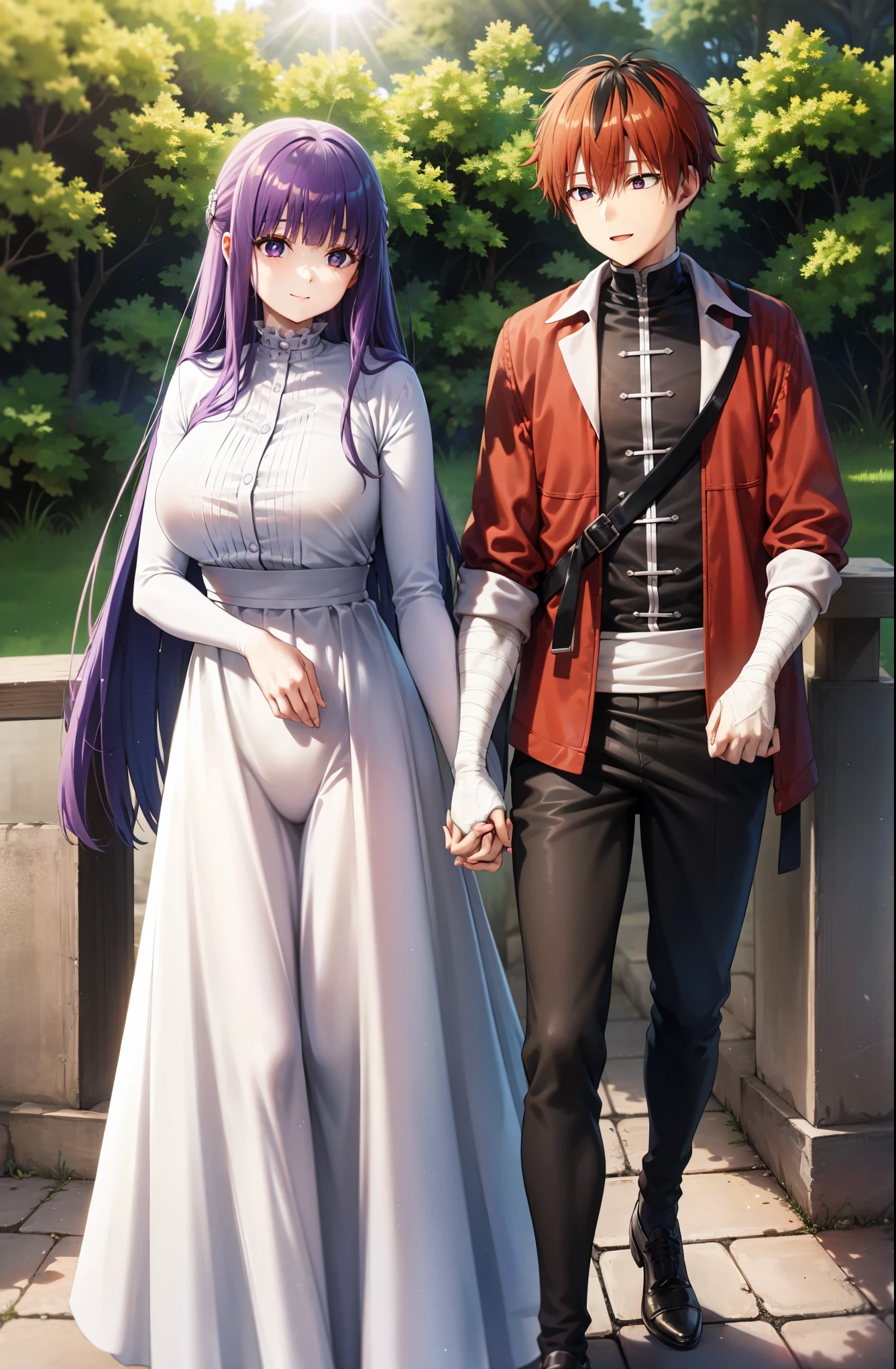 purple hair、long hair、big breasts、pure white wedding dress、happy face、sunshine、date、Highest image quality、シュタルクとdate、hold hands with a man
