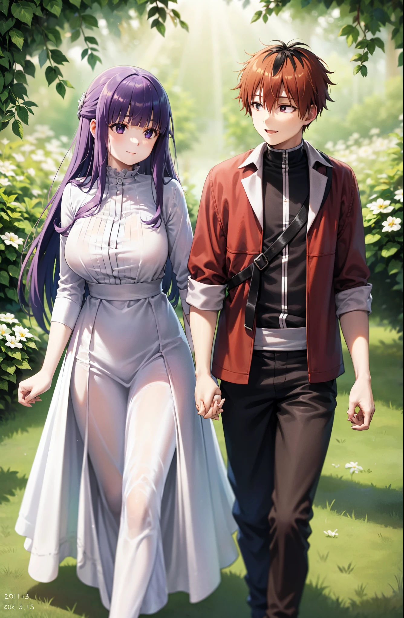 purple hair、long hair、big breasts、pure white wedding dress、happy face、sunshine、date、Highest image quality、シュタルクとdate、hold hands with a man