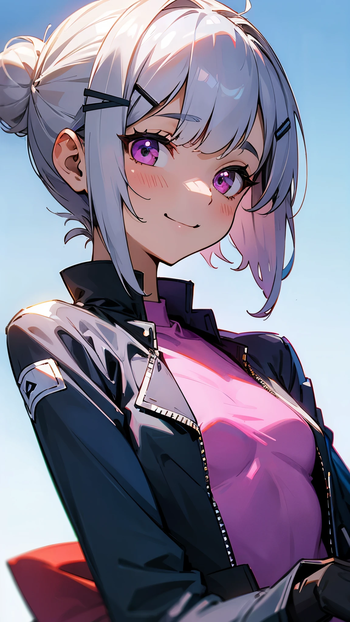 ( best quality、Superb、Genuine)、1 person、 Riders Jacket 、 small breasts、Hair tied into a bun with a silver short bob hair clip、 pink eyes、 gloves、smile、blue sky、 upper body close-up、 sharp outline