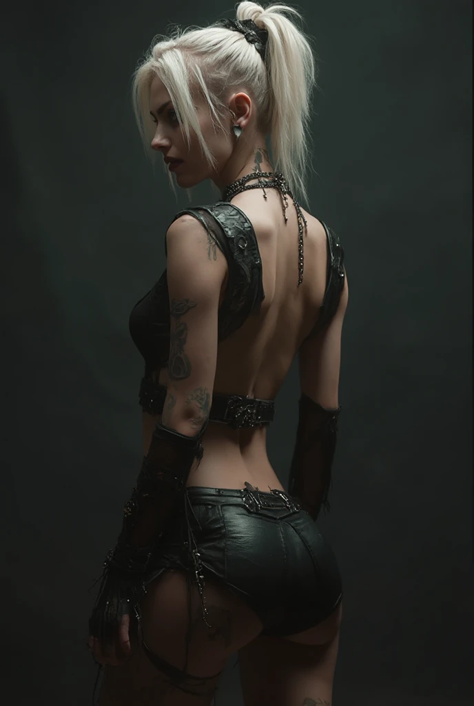 Create a hyper detailed photograph of a tattooed muscular young sexy female sephiroth, Stunningly perfect gorgeous feminine face, perfect makeup, detailed vibrant eyes, long hair, big beautiful muscular legs, big beautiful muscular arms, big back muscles, realistic torso, muscular abs, detailed smooth skin, big breast, perfect round ass, heat shaped bondage lace lingerie,