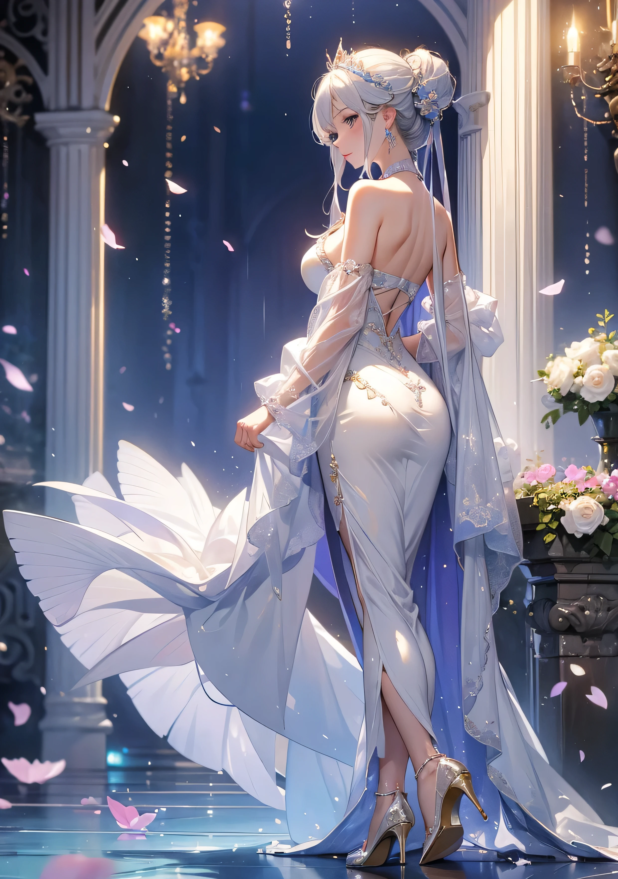 (masterpiece, best quality), 1girl, Lilac Gray Loose Curls with a Hair Accessory, tiny breasts, Cream Bow-back blouse and Wide-leg chiffon pants with a flowy silhouette, loose socks, Leaning against a pillar or column, looking thoughtful and introspective.