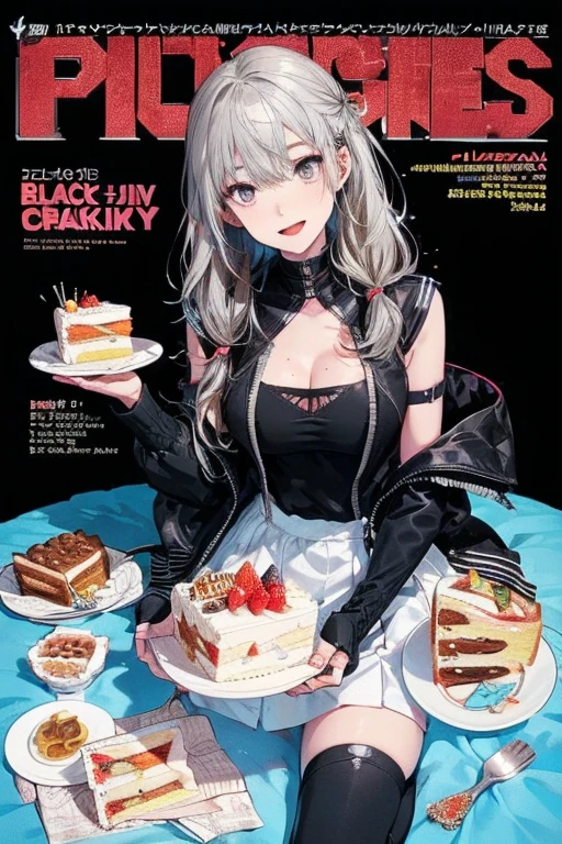 1 girl, small nose, very beautiful detailed face and eyes, bright colors, cute face, delicate beautiful face, Bright magenta eyes, cute eyes, sparkling eyes, Big eyes, (big breasts:1.3), (perky chest:1.1), (pointed chest:1.0), (cake magazine cover:1.3)，highest quality, WorKs of masters, High resolution,BlacK color hair，shiny hair, side ponytail,hair between eyes,bangs, (black jacket, real clothes, cleavage, black skirts, black thighhighs, thigh strap, fingerless gloves, single glove:1.2) , spread legs, panties shot, medium hips, glamorous body, white skin, smile, thin pubric hair, super beautiful face, Super beautiful eyes, Super beautiful hair，trendy outfit，sexy and attractive,full body esbian, Real World, Natural light,perfect Natural light,(with sparkling eyes and a contagious smile), This masterpiece is not only visually stunning but also tells, make of cake cooking , in the kitchen, open mouth, looking at viewer,
