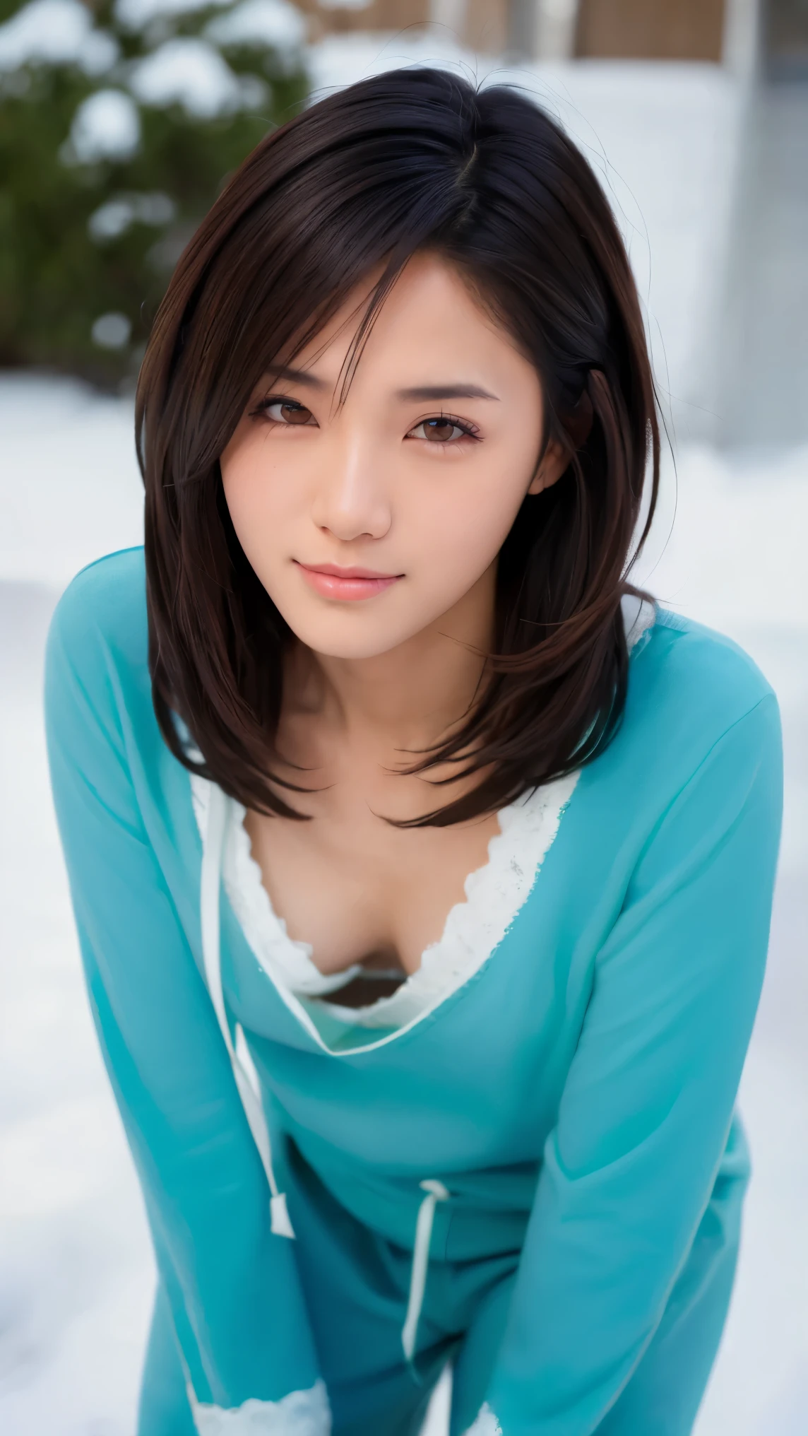( pajamas : 1.2)、( positioned so that the face is in the center of the image : 1.4), ( Focus Face : 1.3), (Delicate real hair , Realistic black hair), bangs, smile, ( Bedroom Background), ( 18 year old woman : 1. 2), young and adorable Japanese face riding on a background of snow at night , Official art, Hi-Res CG Unity 8K Wallpaper , ultra high precision , very well detailed, Half photo , Film Grain, Lens Flare Glow, top quality with beautiful eyes , 8k, as a portrait ,8k, viewer, (( masterpiece)), (( top quality with beautiful eyes )), ( very well detailed), (( it's cute )), (( sexy)), (( very well detailedな)), ( different service features), ( beautiful), Illustration of , beautiful Japanese woman, (( female 1 person)), ( small breasts : 1.5),( forward leaning posture:1.3)