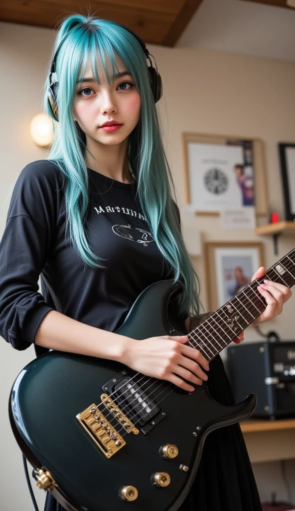 Premium Quality, Masterpiece, Ultra High Definition, (Photorealism: 1.4), RAW Photo, (Full Body Shot), Lovely Smiling Girl, ((Playing Electric Guitar on Live Stage)), (Woman Holds a Guitar electric), (dynamic pose), long hair, ((Full blue hair)), (twin tails), bangs, Cross pendant necklace, Earrings, (Elegant Rocker, Blue Lace Ruffles): 1.5, , Colorful lighting in alive, Focos, (tall woman), (woman is wearing an oversized blue t-shirt), (woman is wearing black cargo pants), (woman is wearing combat boots), (woman is wearing chains)