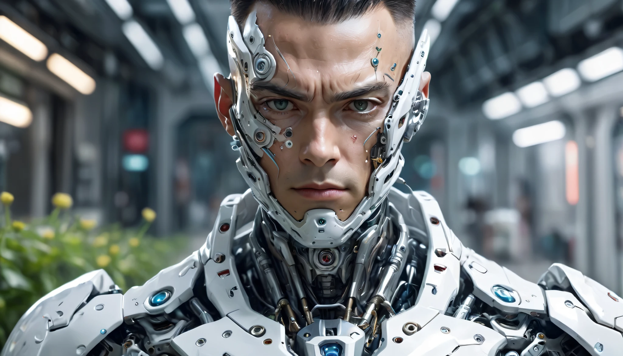 Forrest Gump close up , dreamlike, ( Art Station :1.1), ( intricate:1.1), (great eye detail :0.7), Alone , male, with short hair and slits on the forehead, dressed in white piece cyborg body, photorealistic, 8K, motor unreal , half-length portrait , flowers . Human face and head with hair, Alone cuerpo cyborg. Human hands.