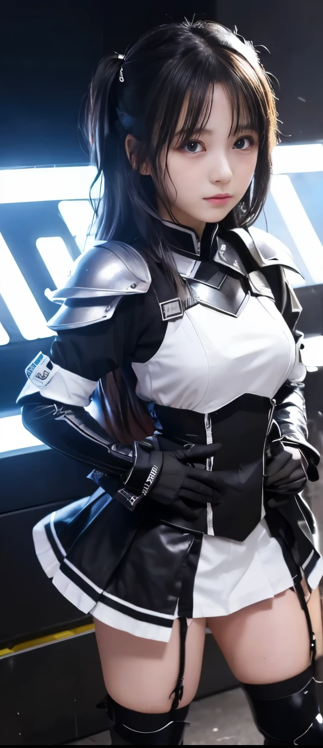 Cool pure idol girl、A pure girl's face、 hypo、 Black Armor Tight Uniform、、、、Glowing Neon Sword 、