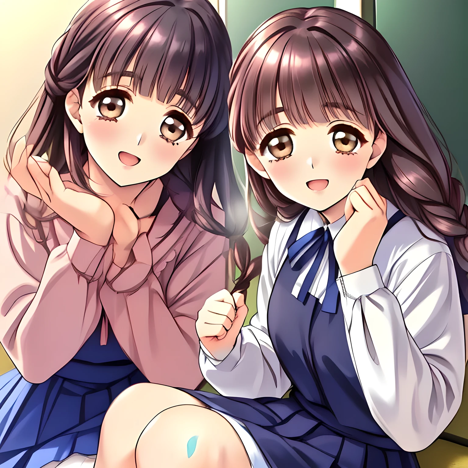 (highest quality, masterpiece:1.2), highest quality, High resolution, 1080p, 8K, (Some yo beautiful pretty love-story heroines are shocked, hiding the mouth with palms, most beloved girl in Japan, (intelligent and perfectly balanced slender style), feeling too funny, amazingly neat & clean, in peace and neat lovely strong charm, cutely tilted head, hands are treating the braids: 1.8), (Too noble beautiful lady like a love-story comic heroine), (laughing like watching a comedy), A very lovely, very noble, pretty and pure beautiful girls. ((Bursting out Laughing very elegantly)), ((white grown face)), Using expensive whitening cosmetics by cosmetics artist: 1.2), A white face that everyone loves, Glossy lips, (curled) bangs, (Too beautiful blue fascinating shiny (double-lidded) (brown eyes) with love to the viewer, ((deep upper girly eyelid)), laughing with detailed clearly: 1.5), ((Dark blue vest school uniform), Neat smart white school blouse): 1.8), (A very neat, ((realistic), (dark-blue) pleated blue school skirt): 1.6), (too pretty shiny light-yellow realistic school ribbon): 1.5), (Shiny love-story heroine lips, extremely laughing open mouth: 1.0), ((amazingly beautiful black ((neat tight braids)) hair: 1.5)), (Ribbon in (black hair), The ribbon is big and very pretty), (Tight waist, slender like a beautiful fashion model: 1.5), (The lady knows well about the viewer's super fetishism for school uniforms, and satisfies it completely in the viewer's lewd dream: 1.7), (beautiful neat fascinating cute noble atmosphere: 1.8), (early in the morning: 1.5), (Very surprised!!: 1.5)