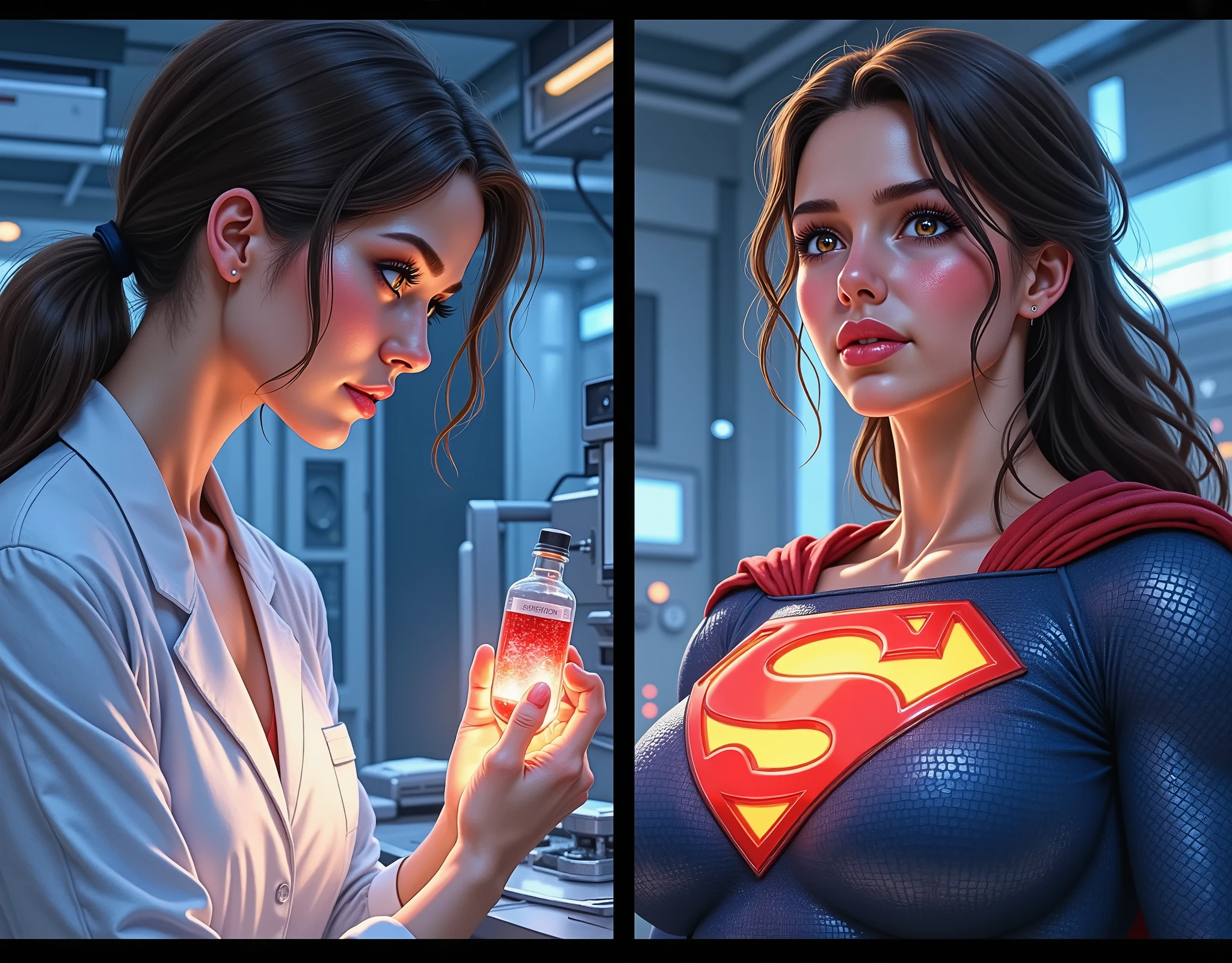 Develop a three-panel comic book sequence depicting the transformation of a age female scientist into Superman after injecting herself with his blood. Panel 1: Focus on the scientist, meticulously preparing the injection. Show her focused expression, the vial of Superman's blood glowing faintly, and the advanced scientific equipment surrounding her. Detail the sterile environment and the precision of her actions. Her lab coat should be pristine, contrasting with the powerful, almost otherworldly substance she handles. The background should hint at a larger, perhaps clandestine, project. Panel 2: Depict the moment of injection. Show a close-up of the needle entering her arm, a surge of vibrant energy emanating from the injection site. Her expression should shift from focused concentration to one of surprise and dawning realization as the power of the blood courses through her veins. The background should blur slightly, emphasizing the intensity of the transformation. Panel 3: The final panel showcases the complete transformation. The scientist is now Superman, her body reshaped and empowered. Her costume should be detailed and accurate, reflecting the iconic Superman design. Her expression should be one of awe and perhaps a touch of fear at the magnitude of the change. The background should be a dramatic landscape, showcasing her newfound power and the potential for both heroism and responsibility. The overall style should be dynamic and visually striking, capturing the dramatic shift in power and identity. Consider using vibrant colors and dynamic linework to emphasize the energy and power of the transformation.