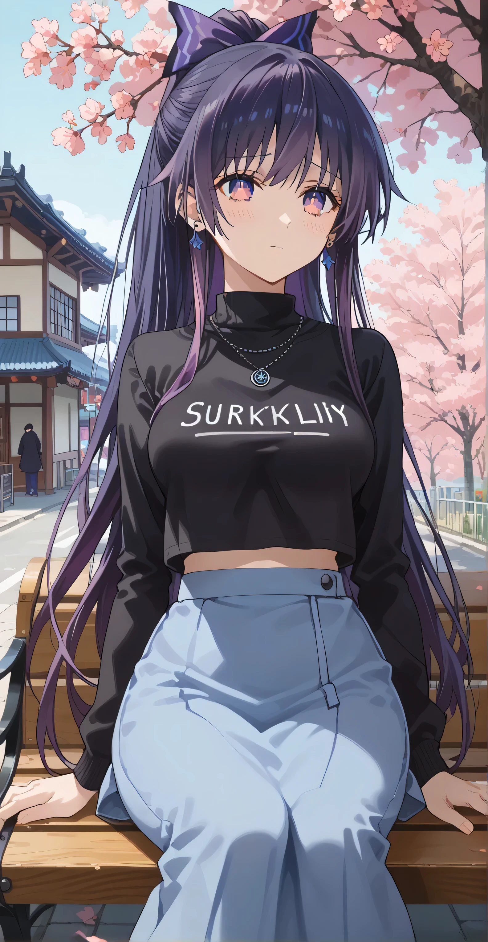 Yatogani tohka, (long hair, dark purple hair, ponytail ), Purple eyes, earrings, Purple ribbon, score_9, score_8_up, score_7_up, source_anime, masterpiece,best quality, medium breasts, shy, ((Black sweater, croptop overhang, Skirt, stocking, neckless, )), Sit down on Street bench , Japanese building, sakura tree,