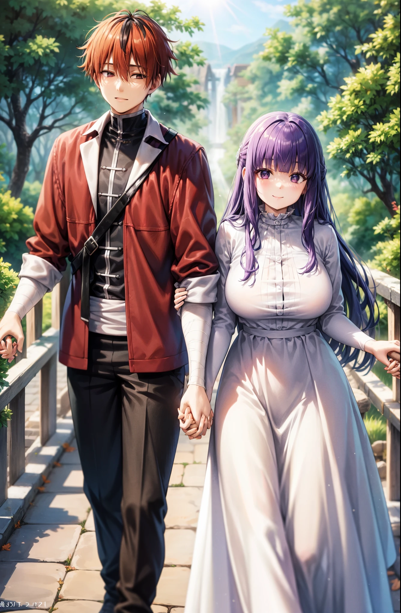 purple hair、long hair、big breasts、pure white wedding dress、happy face、sunshine、date、Highest image quality、シュタルクとdate、hold hands with a man