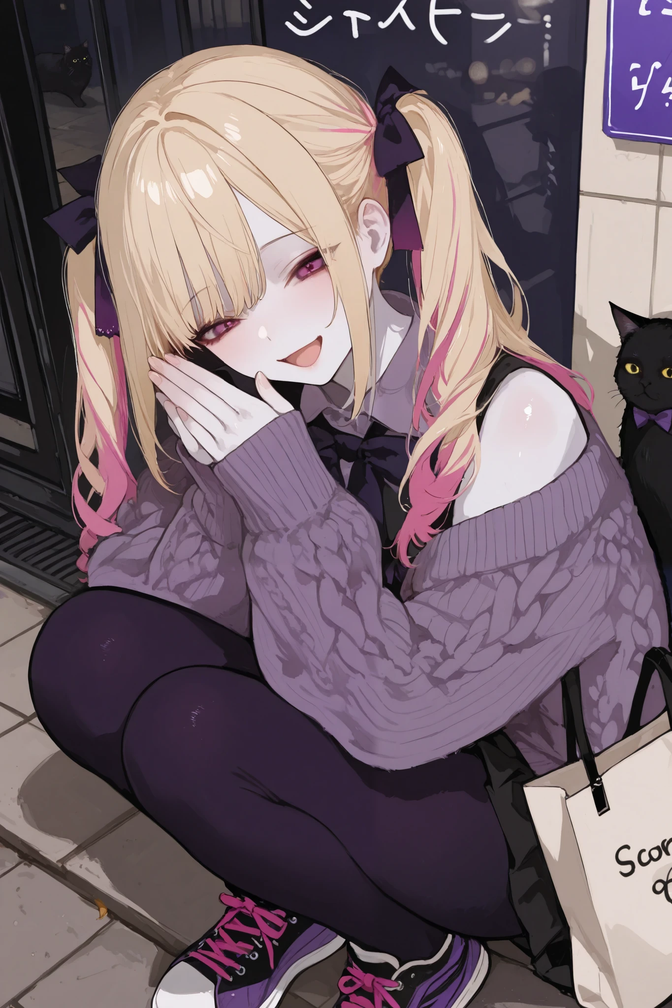 General,xxx667_illu,748cmstyle,dark gothic, visually striking Japanese gal,1girl\(happy smiling,open mouth,hairstyle\((Smooth multi-colored twin tails,blonde color and purple color with pink highlights,Right-swept bang),The ends of the hair have soft curls, and the texture is rendered with detailed, ultra-realistic precision\),covering face both hand,happy smile,Transparent white skin\), stylish and confident girl strikes a bold pose, outtfit\(oversized knit sweater with black and white horizontal stripes forms the centerpiece of this casual outfit. The sweater features distressed texture with slightly frayed edges and dropped shoulders, emphasizing its loose and cozy fit. It is paired with light gray sweatpants in relaxed fit, completing a comfortable and laid-back look\), The outfit is accessorized with large beige tote bag featuring, picture of a black-cat\((Human-like giant fat cat:1.2), 748cmstyle,trk,realistic, fluffy and shiny fur, bow tie\),and casual sneakers add to the effortless vibe\),her posing on the sidewalk of a busy street in Japan,feel a bewitching and sexy atmosphere from her,photorealistic