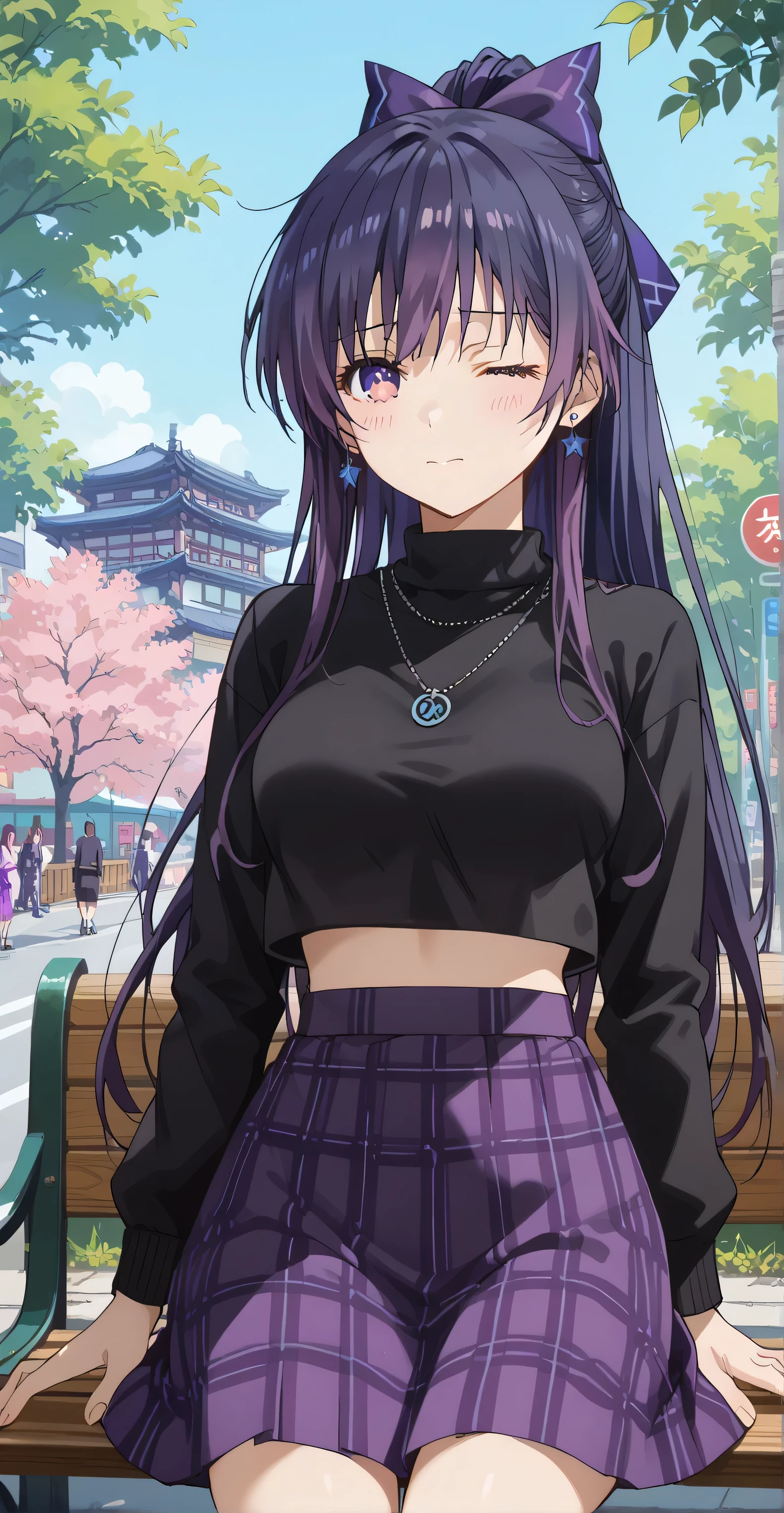 Yatogani tohka, (long hair, dark purple hair, ponytail ), Purple eyes, earrings, Purple ribbon, score_9, score_8_up, score_7_up, source_anime, masterpiece,best quality, medium breasts, shy, Wink, v , ((Black sweater, croptop overhang, Skirt, stocking, neckless, )), Sit down on Street bench , Japanese building, sakura tree,