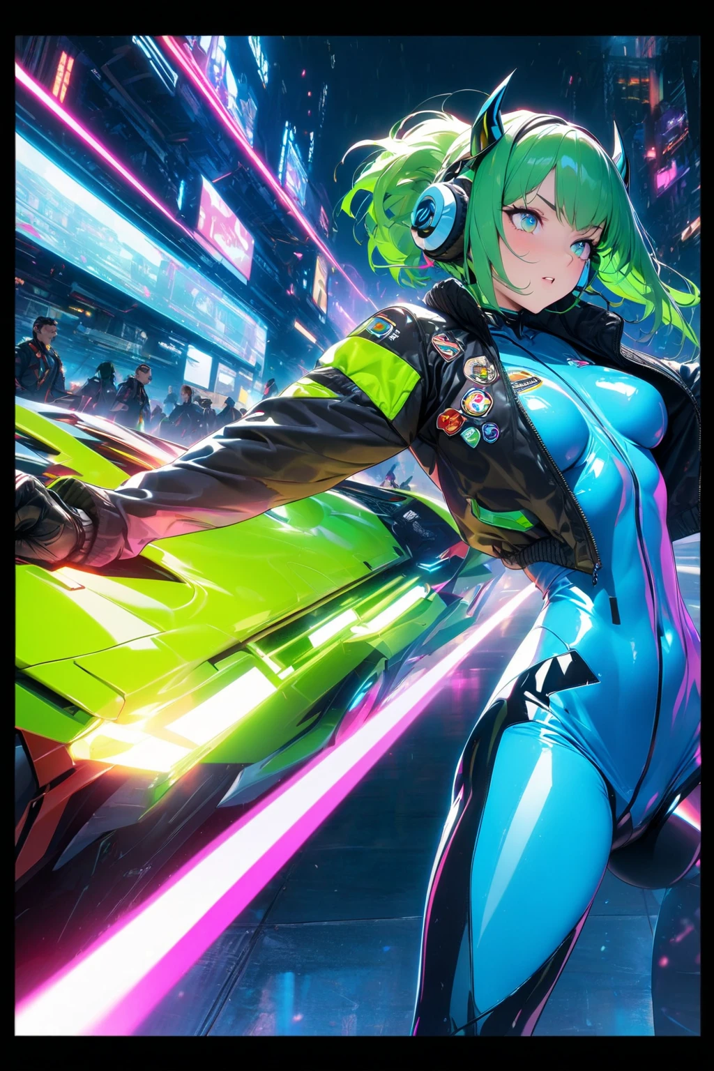((masterpiece,Highest quality:1.3)),cowboy shot,1woman,30 year old beauty、Investigator、独奏,(very small head:1.3),green hair,(low ponytail),long hair,blunt bangs,green eyes,gorgeous eyes,medium breasts,(very long body:1.2),(toned body,slender body,skinny),gleaming skin,shiny skin,oily skin,Yellow tube top bra、navel、Yellow micro shorts、(Drive a futuristic motorcycle)、Sprint、on road,Metropolis,neon、World of Blade Runner、