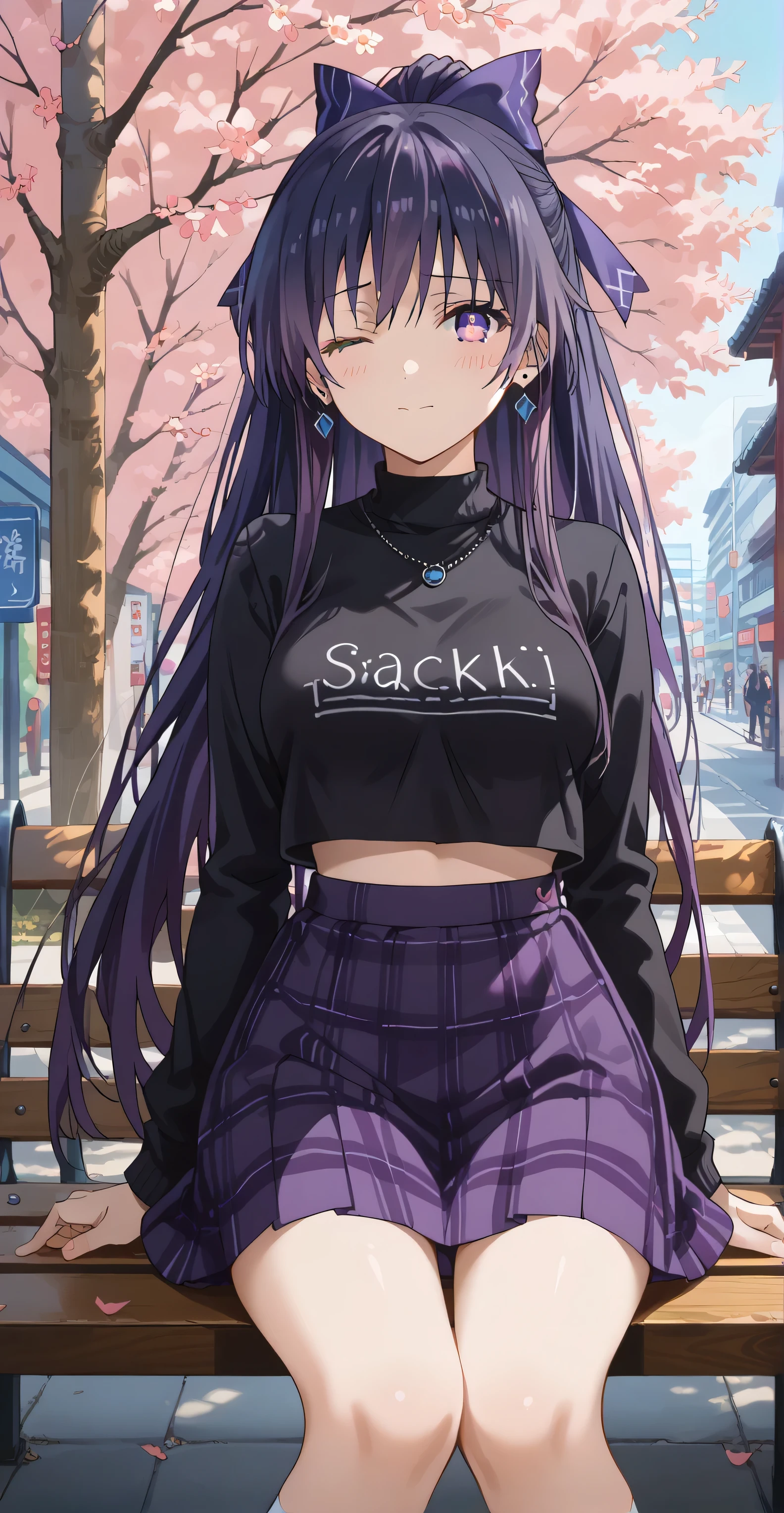 Yatogani tohka,  (long hair, dark purple hair, ponytail ), Purple eyes, earrings, Purple ribbon, score_9, score_8_up, score_7_up, source_anime, masterpiece,best quality, medium breasts, shy, Wink, v , ((Black sweater, croptop overhang, Skirt, stocking, neckless, )), Sit down on Street bench , Japanese building, sakura tree, 