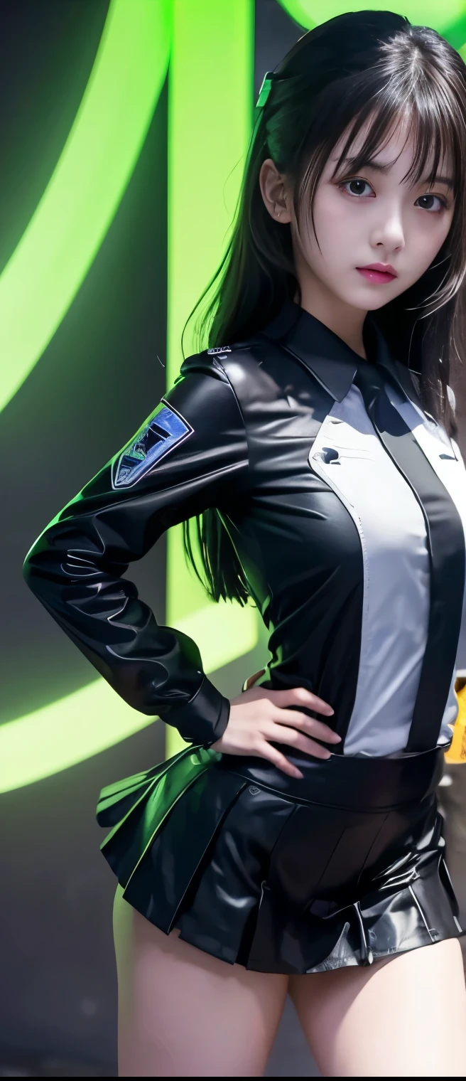 Cool pure idol girl、A pure girl's face、 hypo、black tight uniform、、、、Glowing Neon Sword 、ファンタジックベルト