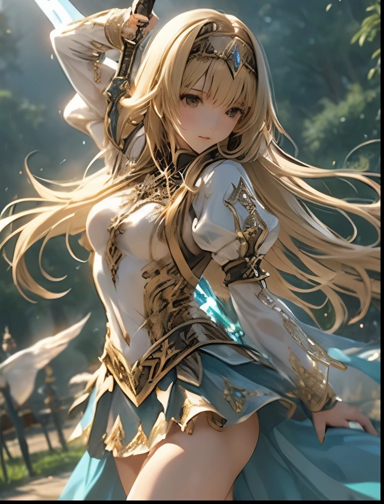 (((SFW、Accuracy、Highest quality、 A first-class masterpiece 、 Normal body 、32K、 detailed face 、 super precise、 Real Color 、5 fingers、Highest、3d)))Alisha、『Valkyrie Profile 2』、Golden Hair 、 long hair、 short、Big Breasts、 slender、 slim、Navel exposed、ribbon underwear、 high leg、Sheer Dress、 transparent high leg dress with erectile nipples、Rapier、Fine Toe Tissures、Hit the sword vigorously forward 、 Sense of Speed 、fluid