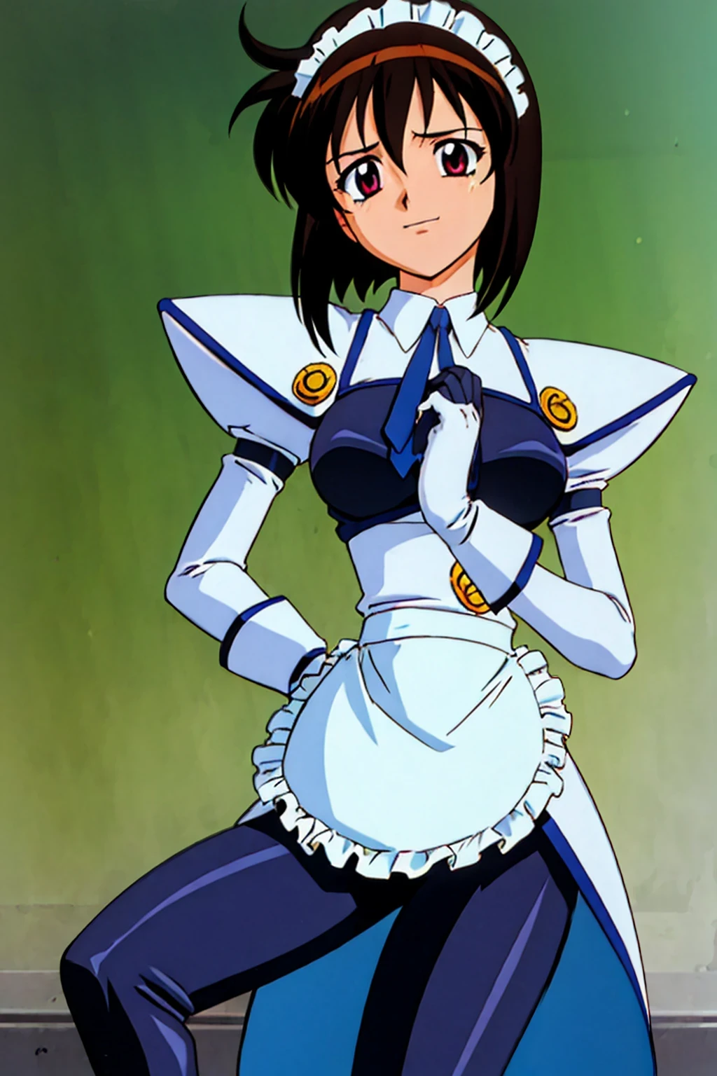 masterpiece,highest quality,Super detailed,32K,High resolution,an extremely delicate and beautiful,Official Art,Perfect Anatomy,(solo:1.5), Contrasting colors,octane rendering,Fully painted,anime coloring,anime screencap,Cel-shaded anime,retro artstyle,1990s \(style\),90s anime,90s anime style, perfect face,ultradeTailed eyes,beautiful,sexy,supermodel,athletic body,shiny skin,Dramatic light,(scale to fit the dimensions:1.2),
koutetu_tenshi_saki,battle_costume,apron,gloves,short hair, maid, maid headdress, bangs, breasts, necktie, waist apron, puffy sleeves,red eyes,, white gloves, dress, long sleeves, elbow gloves, 1990s (style), frills, ascot, blue necktie,white apron,medium breasts,black_pantyhose,smile,
field,sitting, spread legs,