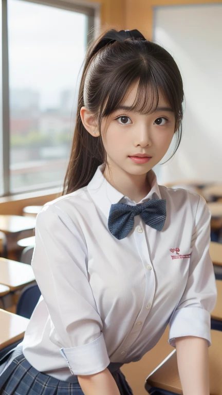 ((bow tie)), ( In the classroom: 1.1),( school uniform shirt:1.3), (   very detailed CG 8k wallpaper that induces breasts), ( ponytail), ( sexy pose ),   delicate skin,   Full Bangs,