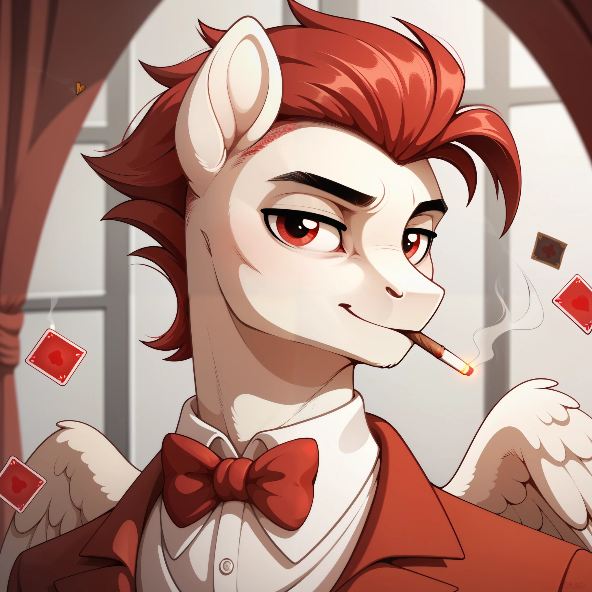 My Little Pony, pony boy, white body, red eyes, red hair, bro darkness, long bob haircut, pegasus, seductive smile, pony red tuxedo, white dress shirt, bow, cape, circle portrait frame, cigarette, hearts cards, intelligent gaze