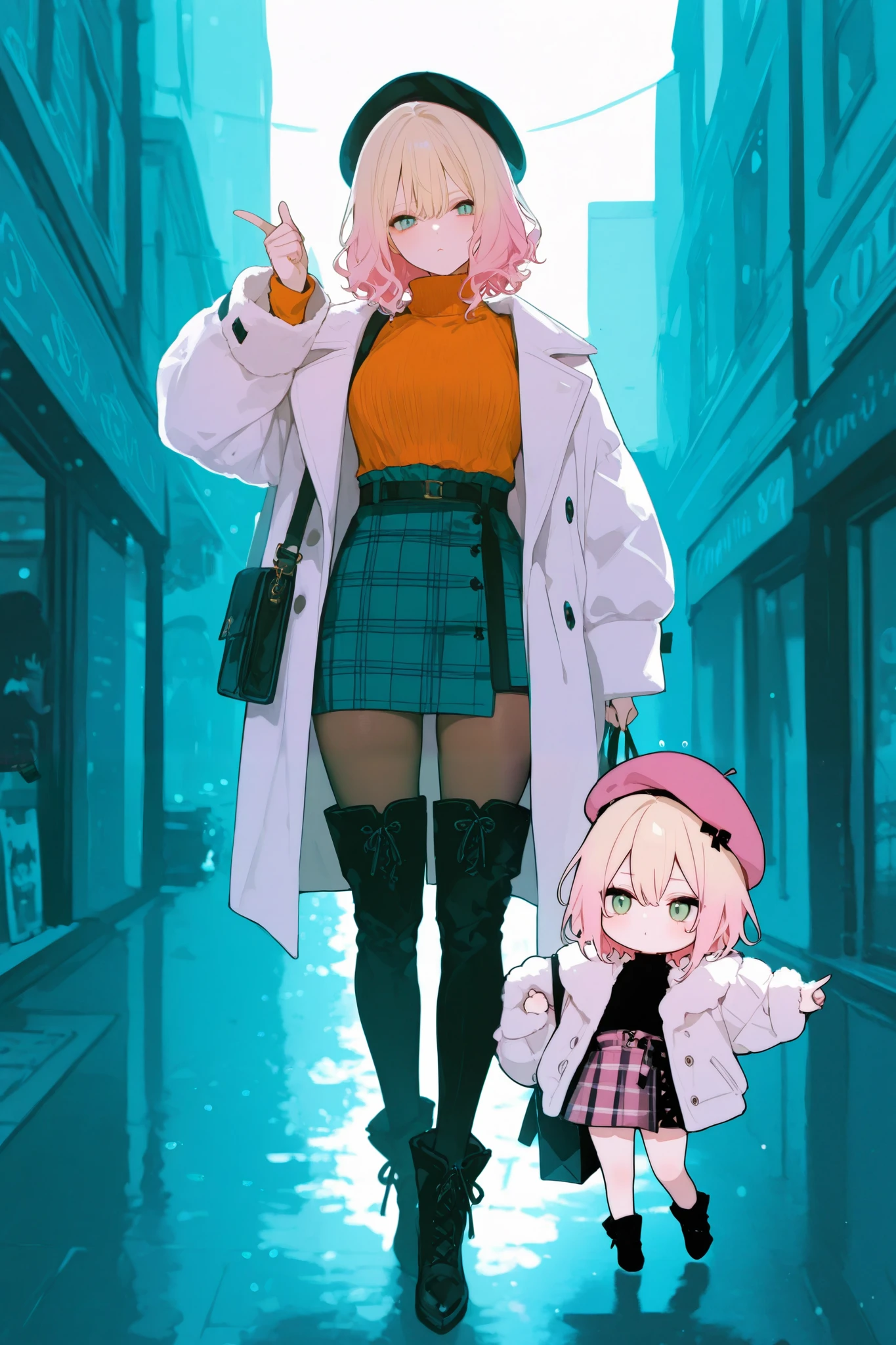 General,SakimiStyle,xxx667_illu,748cmstyle,dark gothic, anime girl, pop art,chibi,masterpiece, best quality, 8k, highres, ultra-detailed,HDR, UHD, professional,pastel
theme color green,illustration, best quality, 2girls,chibi, short hair, wavy hair, blonde hair, pink hair, beret, black beret, pink beret, winter outfit, white coat, plaid skirt, thigh-high boots, brown crossbody bag, shearling jacket, orange turtleneck, high-waisted pants, black ankle boots, holding shopping bag, arm in arm, pointing gesture, casual style, urban setting, bright lighting, fashion-focused