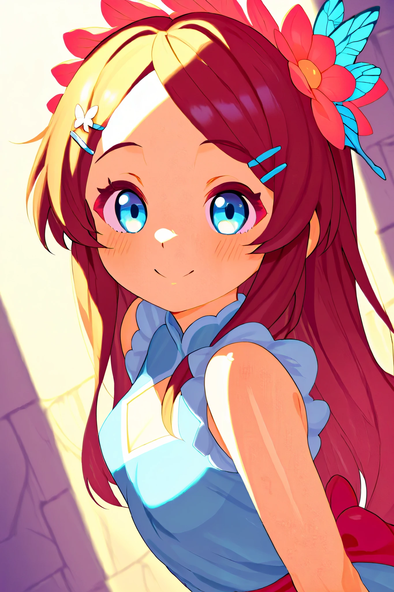 There is a wall in the background 、 There is a beautiful painting on the wall 、 pretty girl walking in front of a wall、（smile、  hairpins、  hairstyles that show a wide forehead 、Hairstyles split in the middle  、 sleeveless、 splash 、 flower headdress with death spots 、Butterfly Hair Ornament）、Shoot from the side