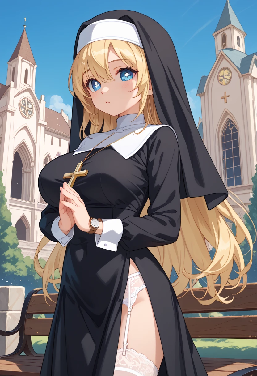 NSFW, (masterpiece, top quality, best quality, highly detailed:1.6), extremely detailed CG unity 8k wallpaper, (woman, outdoor, blue nun, long skirt, In front of the church:2.5), (at midnight:2.5), (sexy adult panties, side tie panties:2.5), (crotch,half-taken off sexy panties:1.5), (Peeing with panties on, Pee stains spreading on panties, pee running down legs:2), (Peeing with panty on:1.5), Pee excreted with force, Urine that is discharged from the urethra in a parabolic arc, strong facial expression, (at midnight:2.5), (ecstasy:2.2), (slut:1.2), (vulgarity:1.3), (fucked silly:1.1), (tears:0.7), (drooling:1.1), (sharp eye:1.2), (scowl:1.1), (embarrassed,blush:1.8), (steam:3), (Wet:1.1), (sweat:1.1), (trembling:1.3), (open mouth:1.4), (open eyes:2), (looking up, 空を見つめる:2.5), (empty eyes:2), (feeling weak:1.5), (bravery crying, sobbing:1.5), (shoot from front:1.5), (squatting, skirt lift, clutching skirt:2), (glasses:1.5), (very long hair, Extra long hair, blonde hair:1.7), (woman trembling with sexual climax:1.5), colorful, full body, wide shot, perfect composition, (panty, panties), urination, incontinence, piss, peeing self, (((pee stream))), (pee puddle), Wetting herself, pee stain, large breasts, Yellow pee, ((leaking pee)), puddle of pee, Pee at your feet, Pee spread on the floor, Pee stains, Dripping pee between my legs, Feet Wet from pee, Pee-covered feet, Pee at your feet, want to pee, about to pee, Full bladder, Pee-soaked skirt, natural makeup, A pair of partially removed panties is hanging around one of her ankles,