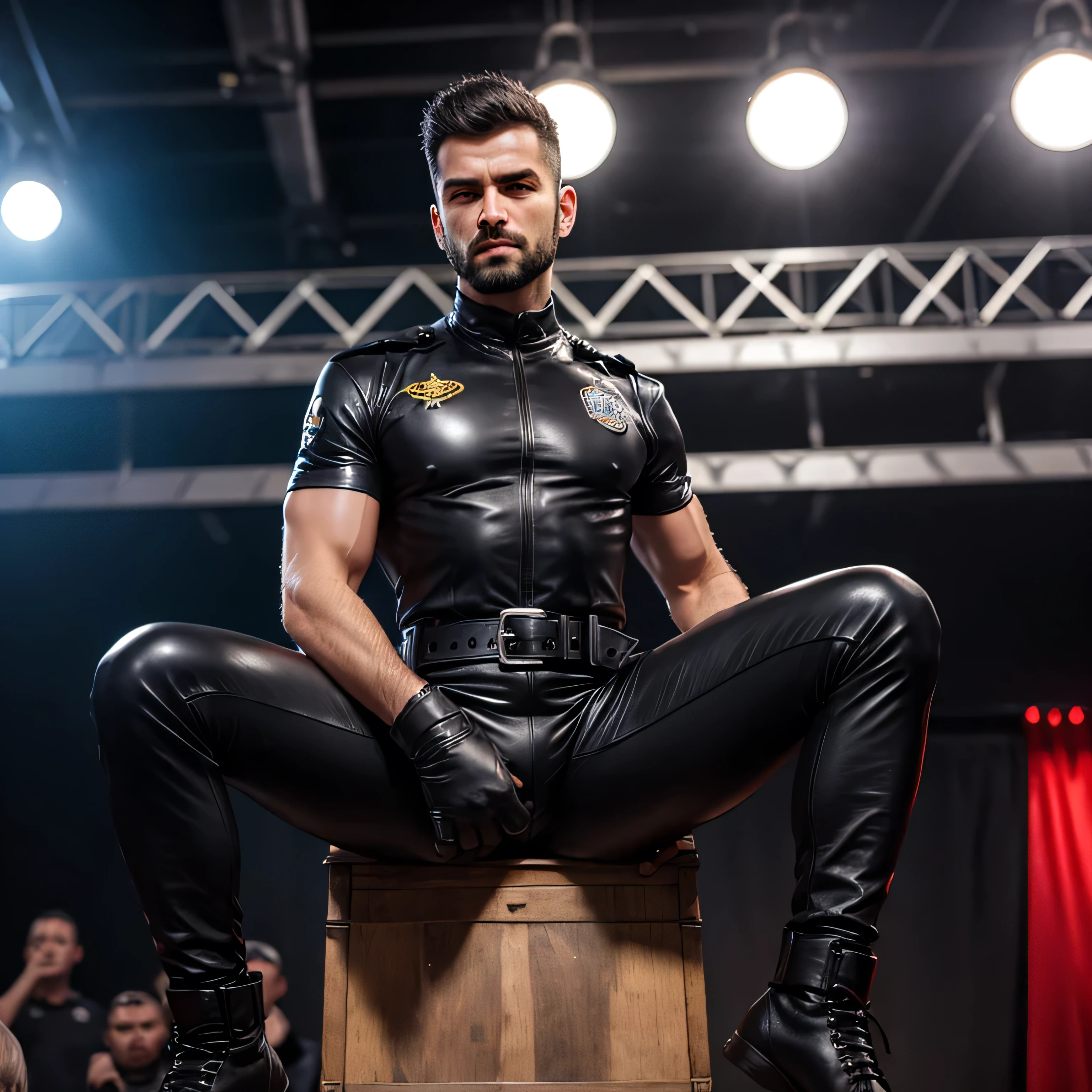 best quality,high resolution,high resolution,4K,8K,3 rendering,low light,Physical rendering,masterpiece,22-year-old handsome European and American guy,Abs perfect,Jaw line refinement,horny boy,Long Haochen,alone,looking at the audience,seductive feet,Showing off his black light wellies,Military and police leggings,Spread your legs,Towards the camera,Military boots hanging in the air