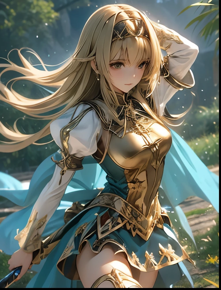 (((SFW、Accuracy、Highest quality、 A first-class masterpiece 、 Normal body 、32K、 detailed face 、 super precise、 Real Color 、5 fingers、Highest、3d)))Alisha、『Valkyrie Profile 2』、Golden Hair 、 long hair、 short、Big Breasts、 slender、 slim、Navel exposed、ribbon underwear、 high leg、Sheer Dress、Extremely thin transparent dress with transparent erections 、super miniskirt with exposed panties、Rapier、Fine Toe Tissures、 hit the sword vigorously forward、 Sense of Speed 、fluid