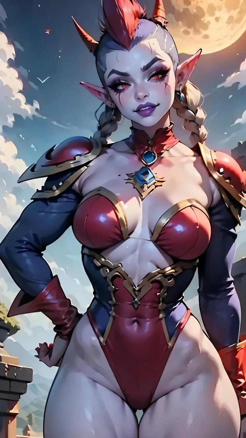harle_\(chrono_cross\), facepaint, red_leotard, blue see-through harem_pants, red_jester_cap, harle, coat
corset, ascot with gem, capelet, breastplace, long eyelashes, eyebrows, eyeshadows, eyelieners, fur-trimmed boots, fur trim, half-closed eyes, highcollar, jewelry, leotard, light smile, lips, lipstick, long sleeves, makeup, mascara, medium breasts, moon, moonlight, crescent, multicolored clothes, night sky, neck ruff, nose, pale skin, parted lips, pom pom \(clothes\), puckered lips, pursed lips, red cape, shoulder armor, shoulder pads, shinny, sideways glance, skin thight, solo, solo focus, strapless, sparkle, bell, bridal gauntlets, brooch, magical girl, mask, breasts apart, red leotard, curvy, sheer leotard, frilled leotard, pantyhose, see-through, toned, v-shaped eyebrow ,thick eyebrow, revealing clothes, thigh gap, arabic clothes, baggy pants, harem pants, naughty face, long legs, raised eyebrow GENERAL:
Trolls, darktroll, large pointed ears, large curvy nose, huge lower fang coming out, 3_digits, 2_toes, sexy beautiful female troll_\(world_of_warcraft\)
fierce, powerful, menancing, dark, evil, macabre, voodoo_shaman_female_troll_\(warcraft\), whitch_doctor_female_troll_\(warcraft\), female_troll_\(warcraft\)_shadow_hunter.
FACE:
thick eyebrow, eyelashes, eyeliner, red_eyeshadows, raised eyebrow, yellow glowing eyes, half-closed eyes, sexy gaze, looking at viewer, side glance, smirk, thick lips, parted lips, purple lips, evil grim, slightly blushing
FACE WARPAINT:
white skull face mask, skull warpaint
BODY:
toned body, atheltic body, thick fit, slim, curvy, thick thighs, thigh gap, narrow waist, wide hips, hip bones, collarbones, dark purple skin, white hair, long high mohawk with twinbraids hairstyle, tribal tattoos, sexy, shredded abs, medium breasts, perky breasts
CLOTHES:
horde_\(world_of_warcraft)\, topless, loin cloth pelvic curtain
DETAILS:
covered in blood, full of scars, scars over eye, red_tribal tattoos, , revealing armor, earing made of b