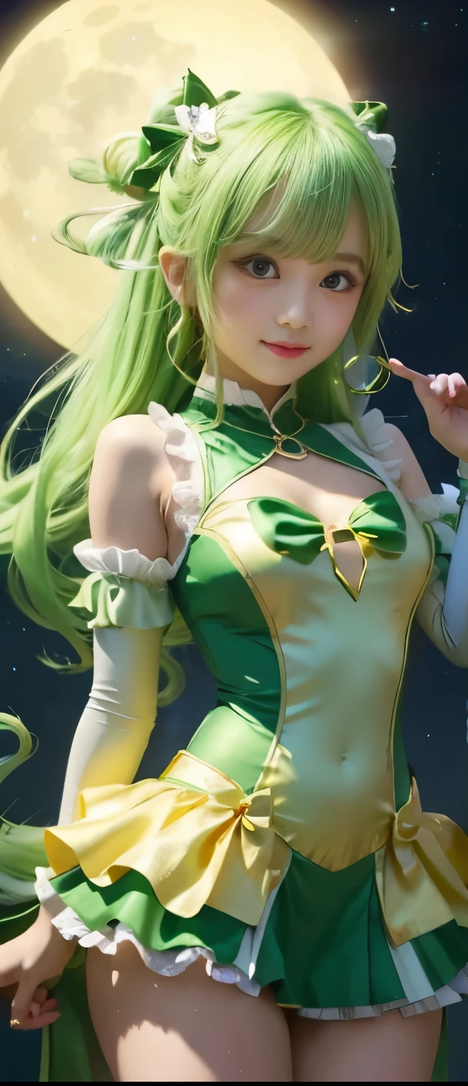 Pink nine-tailed dragon girl, (Light green hair), ((Big Hair)), double eyelid, Perfect figure, Nice face, Perfect Skin, black eye, spirit princess, The pink era、are shining on the distant planet Spica.、Pink and light green rays、A beautiful comet flies by、Pink clothes