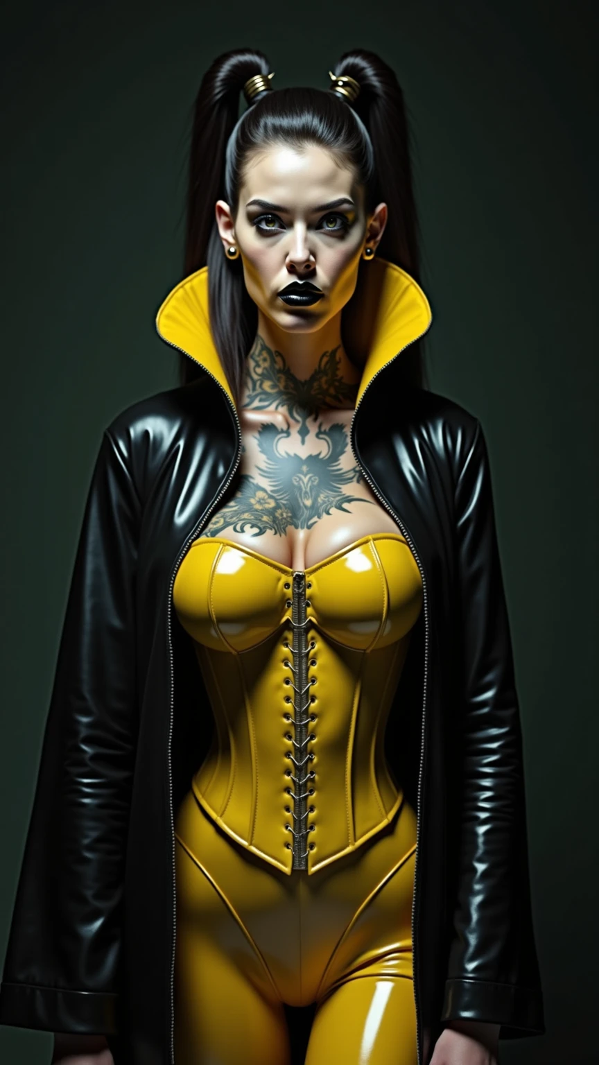 woman with a robotic geisha face, porcelain skin and human body,
long vampire golden fangs as teeth, pink details, leather fashion,
long black hair, white background