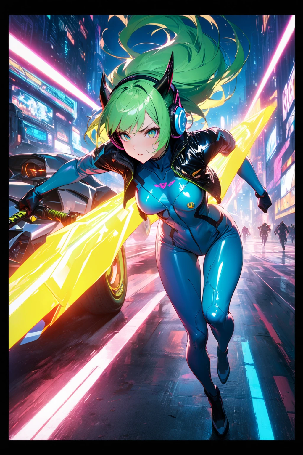 Highest quality、Future World、Cutting-edge cyborgs、Beautiful single woman、Transform into a cyborg except for your face、Sexy Images、Full body photo、(((Twin tail hair)))、(((Flying Woman)))、Anatomically correct、Green Hair、