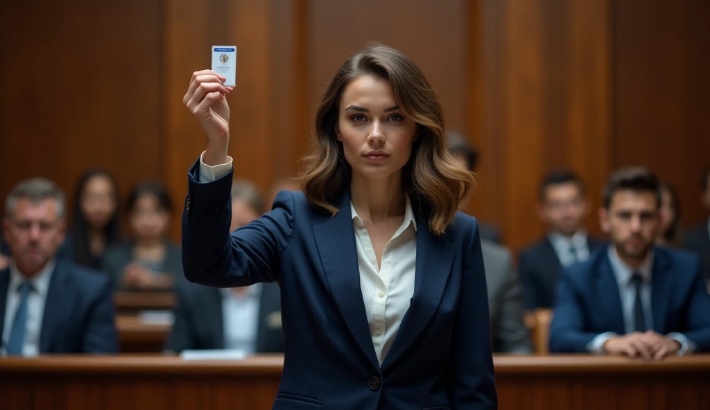 Prompt 1:
"A powerful courtroom scene featuring a young woman in a navy blue business suit standing confidently. She holds up an identification badge in one hand, displaying it with determination. The background consists of a blurred courtroom audience, including serious-looking individuals dressed in formal attire. The lighting is balanced and dramatic, emphasizing the woman's expression and the importance of the moment."

Prompt 2:
"A dramatic legal setting with a confident young woman in a dark blue blazer and white blouse standing in a courtroom. She holds up an ID badge in her hand, as a crowd of serious and attentive people sit in the background. The wooden courtroom setting, along with a balanced lighting scheme, enhances the cinematic atmosphere."

Prompt 3:
"A courtroom drama moment featuring a professional young woman with shoulder-length wavy hair, wearing a navy blue suit. She confidently raises an identification badge, standing in front of a seated audience in a formal courtroom. The background includes a judge and several onlookers dressed in professional attire, with a blurred effect to emphasize her presence."