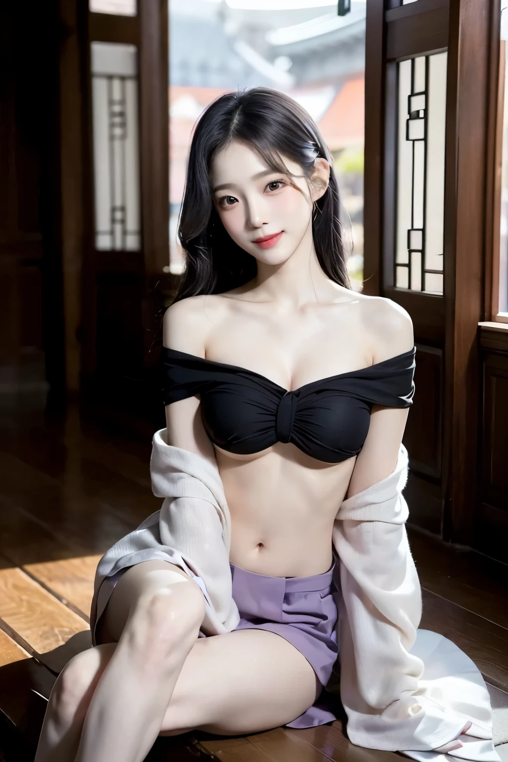 ((korean beauty)), ((super-bright-pale skinned girl)), ((glamour sensual body)), ((high-level image quality)), (Like a shot with an SLR) , ((Beautiful legs)), ((little smile)), ((bright silver purple be colorful Hanbok)), ((semi-nude looks)), ((super pretty face)), ((Hair covers the ears and makes them invisible)), ((navel exposed)), ((slender but big breast)), ((off the shoulder)), ((underboob)), ((long black hairs)), ((sexy posture that emphasizes beautiful legs)), antient asian palace indoor background