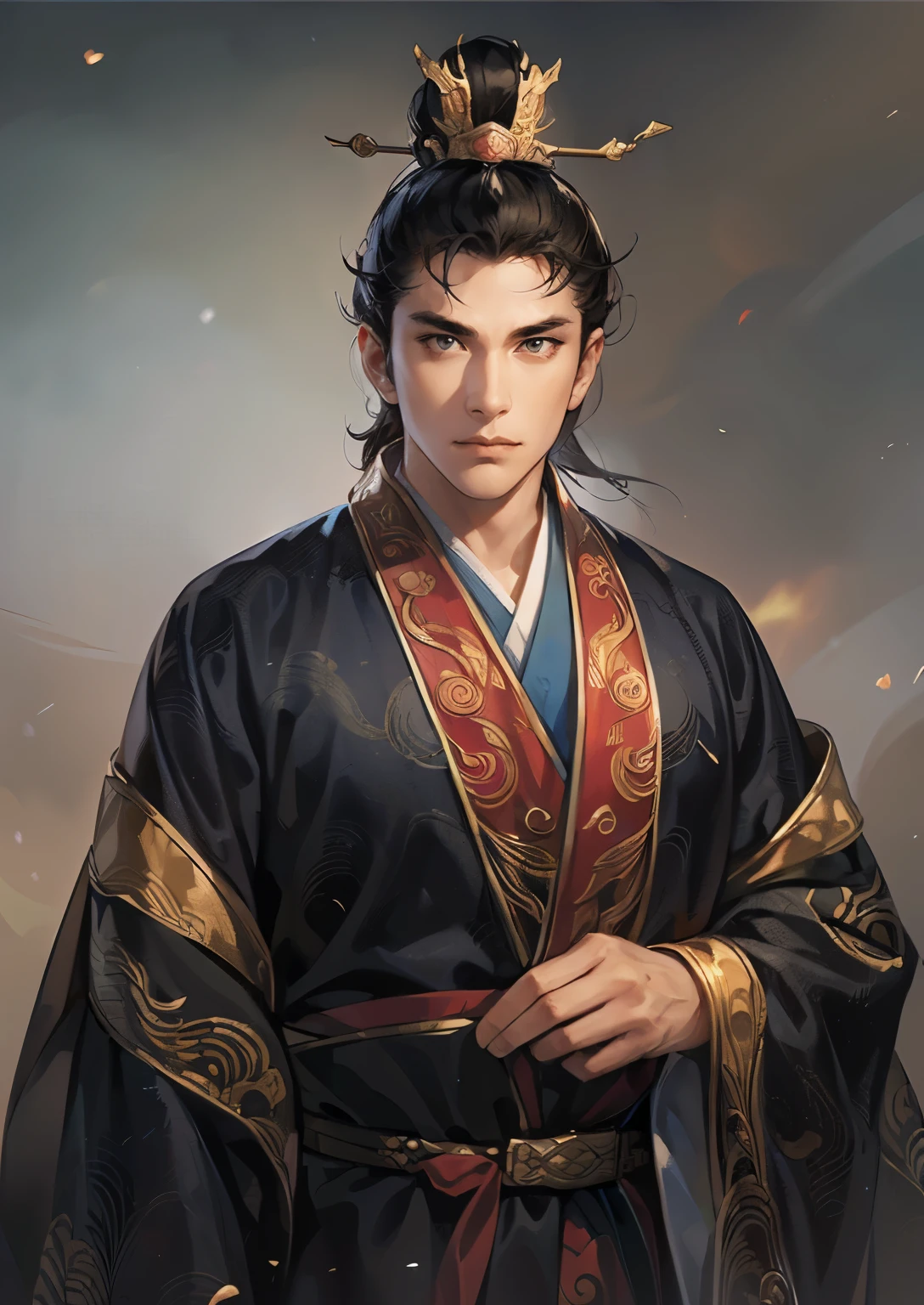 (((Maintain color ))), ((( picture style maintenance ))), (( Koei Three Kingdoms illustration style with a view of the chest)), ((Maintain the composition)), Attractive Man , black eyes, (( black hair)),