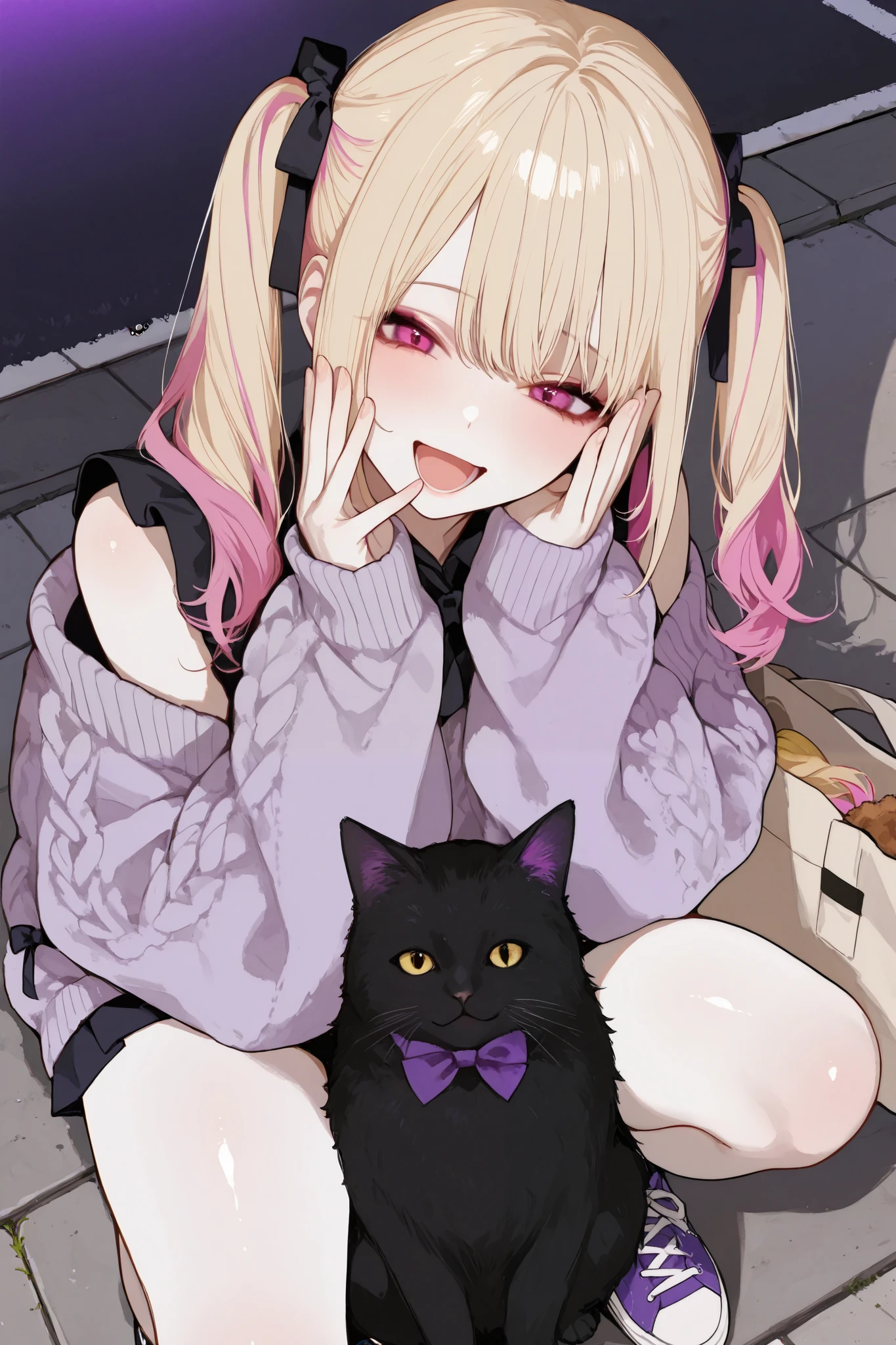 General,xxx667_illu,748cmstyle, visually striking Japanese gal,1girl\(happy smiling,open mouth,hairstyle\((Smooth multi-colored twin tails,blonde color and purple color with pink highlights,Right-swept bang),The ends of the hair have soft curls, and the texture is rendered with detailed, ultra-realistic precision\),covering face both hand,happy smile,Transparent white skin\), stylish and confident girl strikes a bold pose, outtfit\(oversized knit sweater with black and white horizontal stripes forms the centerpiece of this casual outfit. The sweater features distressed texture with slightly frayed edges and dropped shoulders, emphasizing its loose and cozy fit. It is paired with light gray sweatpants in relaxed fit, completing a comfortable and laid-back look\), The outfit is accessorized with large beige tote bag featuring, picture of a black-cat\((Human-like giant fat cat:1.2), 748cmstyle,trk,realistic, fluffy and shiny fur, bow tie\),and casual sneakers add to the effortless vibe\),her posing on the sidewalk of a busy street in Japan,feel a bewitching and sexy atmosphere from her,photorealistic