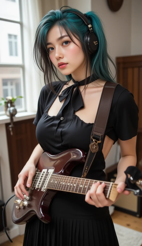 ((best quality)), photorealistic, photorealism, Photorealistic, high resolution, ((Wearing sheer floral shirt, shorts denim))、smile、A superb beauty、Super cute、ennui、Rare beauty、Very Short hair、Black Dark Eyeshadow、Sad、white skin、pale skin, Very short hair layered、Dark Gothic Makeup、Cute Smile、Fragrant beauty、Stained glass background、Mastepiece、Best Quality、Refers to 5 books、Sweat glistening on my chest、Sweat glistening on my face、Medium breasts、Blue hair、Age 20 years old、Mysterious look、A sad expression、Blue Hair、Glamorous concert stage、enchanting castle、Sweating profusely all over the body、A lot of sweat and light on the thighs、Shiny thighs、Plenty of sweat glistening on the thighs、A large amount of sweat glistens on my thighs、Sweating profusely、Gal、Medium breasts、Beautiful face、Alluring expression、Thin thighs、Playing electric guitar、I have an electric guitar、Sing a song enthusiastically、Playing guitar in a band、Rock band、Playing guitar chords、Live House Background、Sing a song、Open your mouth、Live house scenery、Mike stand、Glamorous live stage、Dynamic Angle、cinematic lighting