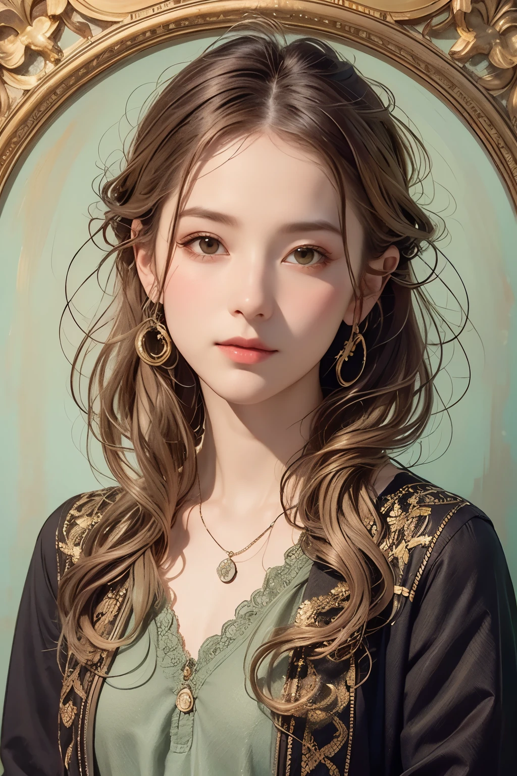 (detailed watercolor of a beautiful woman), soft touch, focus on face, (calm and gentle small smile), ((mostly straight but loosely curled silver grey medium length hair)), ((close up)), lustrous skin, glossy lips, ((wearing a spring coat over a casual pale pastel pink spring sweater)), (smart figure), small necklace, hair blowing in the breeze, striking portrait, use of contour, clean lines, line drawing, fine details, intricate details, bright primary colours used partially as accents, floral frame, art nouveau frame, art nouveau decoration, floral decorative panel, masterpiece, fine and intricate details, splashes of colour, (alphonse mucha's compositional style), fibonacci, atmospheric perspective, (winter outfit), atmospheric perspective, tyndall effect, muted colours, golden ratio, impressionist style, stress free mixed media masterpiece, fibonacci theory, impressionist style, cinematic, amazing! ,