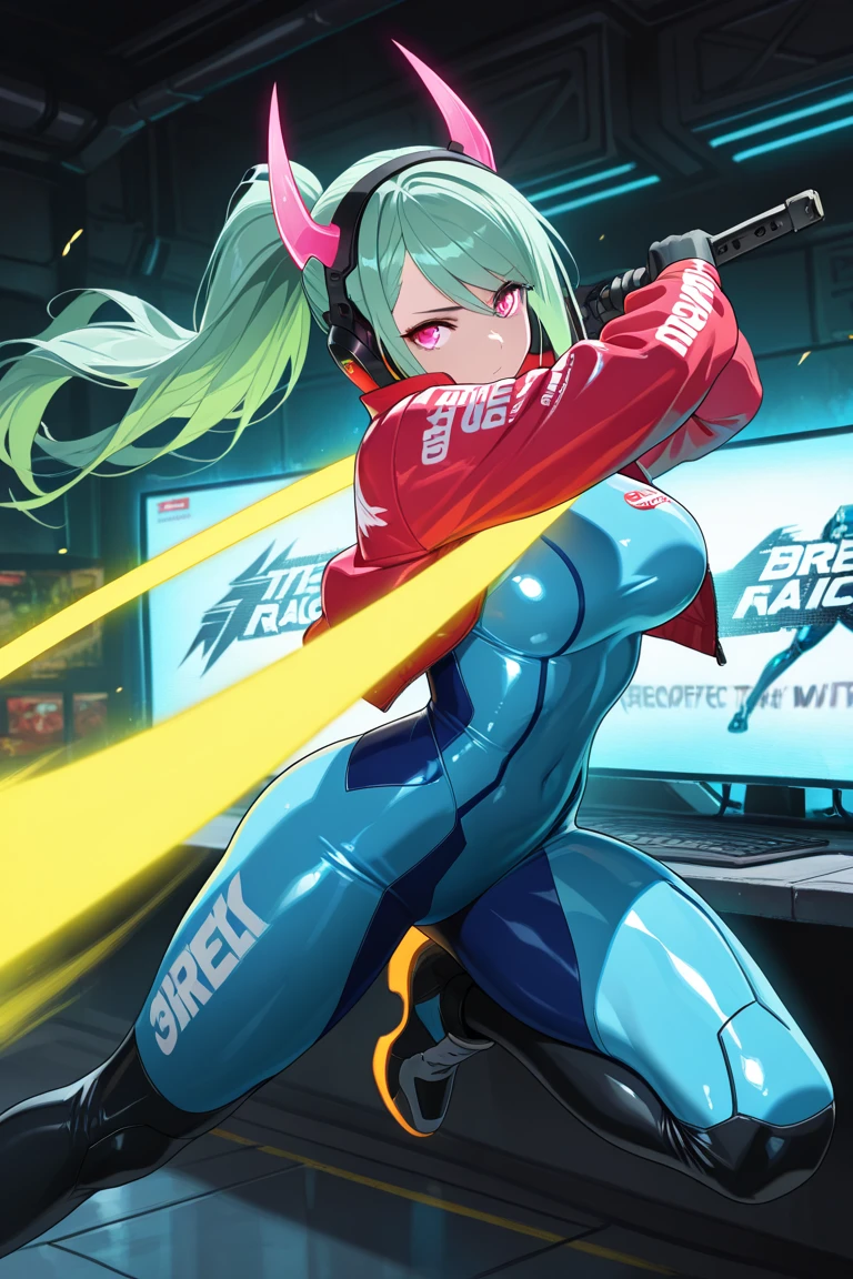In the dimly-lit, neon-soaked world of 80's synthwave, a stunning blonde woman exudes effortless cool next to her motorcycle. Her long hair pulled back in a sleek ponytail, she dons a form-fitting racing outfit that perfectly complements the retro aesthetic. This scene is captured in a high-quality photograph, showcasing every meticulous detail with crystal clarity. The vibrant colors pop against the dusky backdrop, evoking a sense of nostalgia and style that transports viewers to a bygone era of glamour and speed