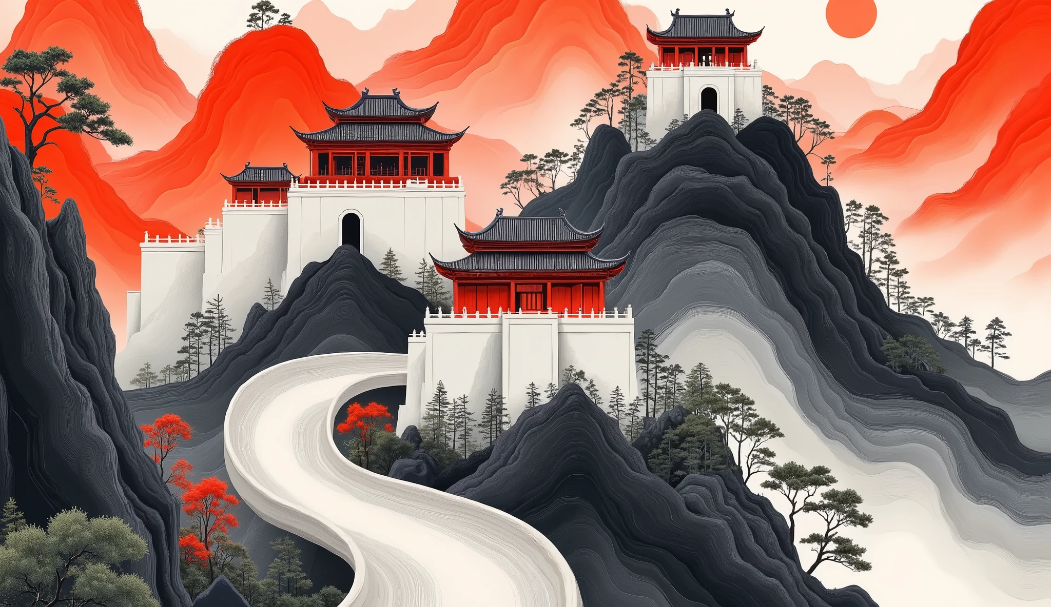 ancient Chinese palaces , Black and white lines with red top background , Strong Color Contrast , Chinese Landscape, form mountains and rivers