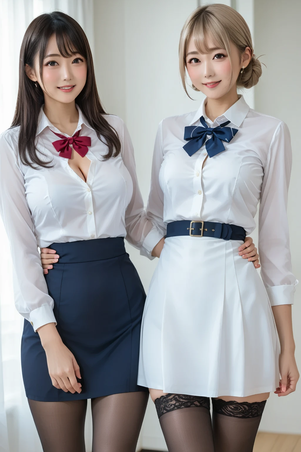2 girls in school classroom,long-sleeved white shirt with pink bow tie,pink and white horizontal stripes panties,18-year-old,bangs,a little smile,thighs,knees,short cut hair,low ponytail,from below,front-lighting