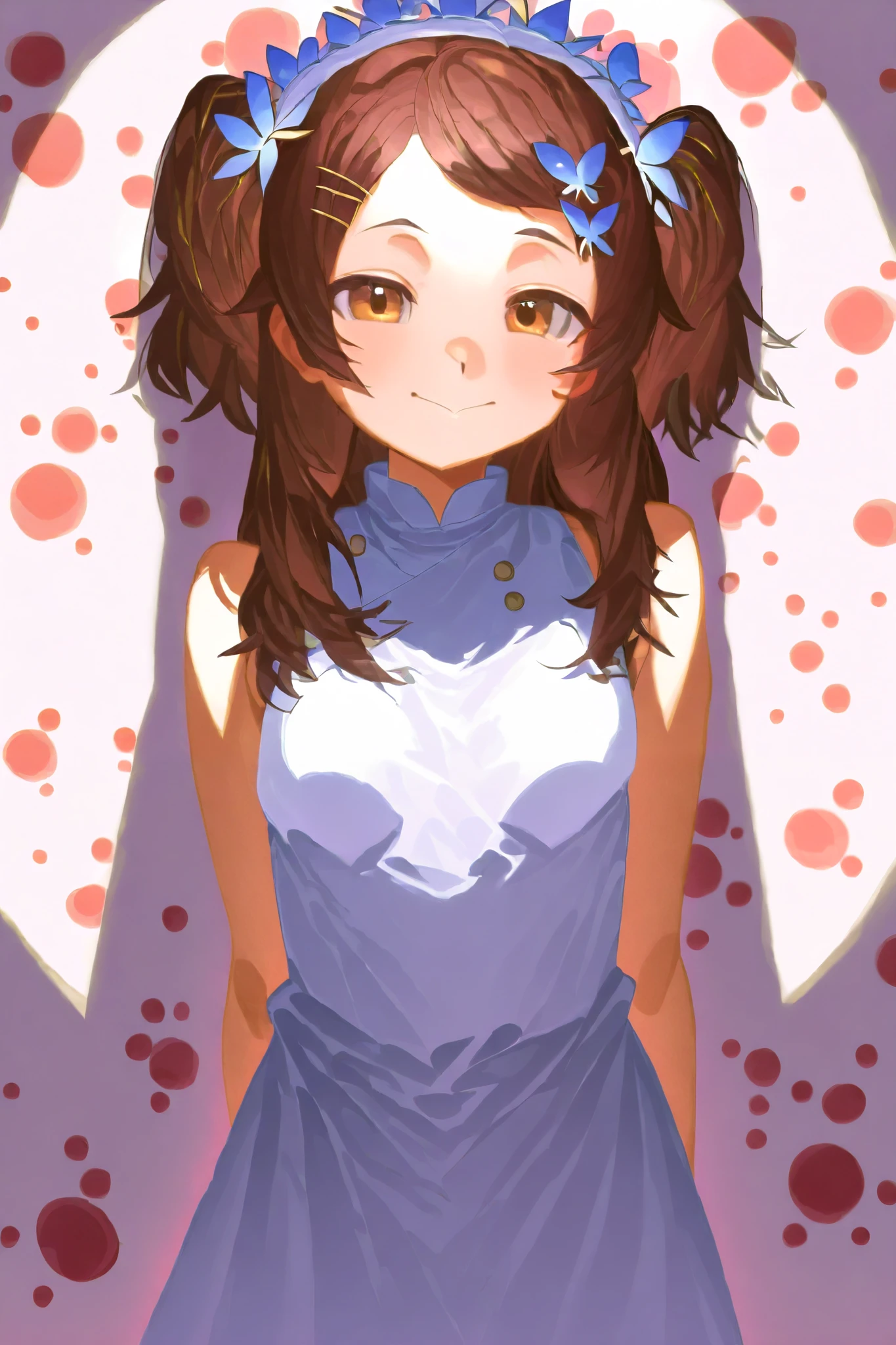 There is a wall in the background 、 There is a beautiful painting on the wall 、 pretty girl walking in front of a wall、(smile、 hairpins、 hairstyles that show a wide forehead 、Hairstyles split in the middle 、 sleeveless、 splash 、 flower headdress with death spots 、Butterfly Hair Ornament)、Shoot from the side