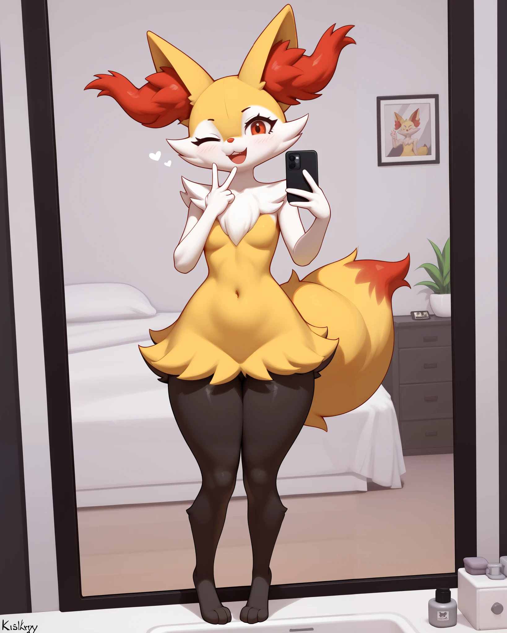 alone, score_9,score_8_up,score_7_up, anthro female braixen, indoors, thicc thighs, standing in front of mirror, selfie picture, one hand doing V with fingers, standing with legs open, legs open, full body, kissy face, wink, 3D